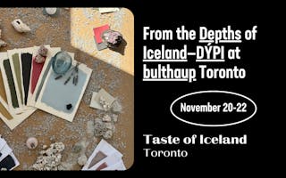 Flat lay of mineral pigment samples, paint swatches, dried moss, and natural textures arranged on a sandy surface. Text reads: “From the Depths of Iceland—DÝPI at bulthaup Toronto. November 20–22. Taste of Iceland Toronto.