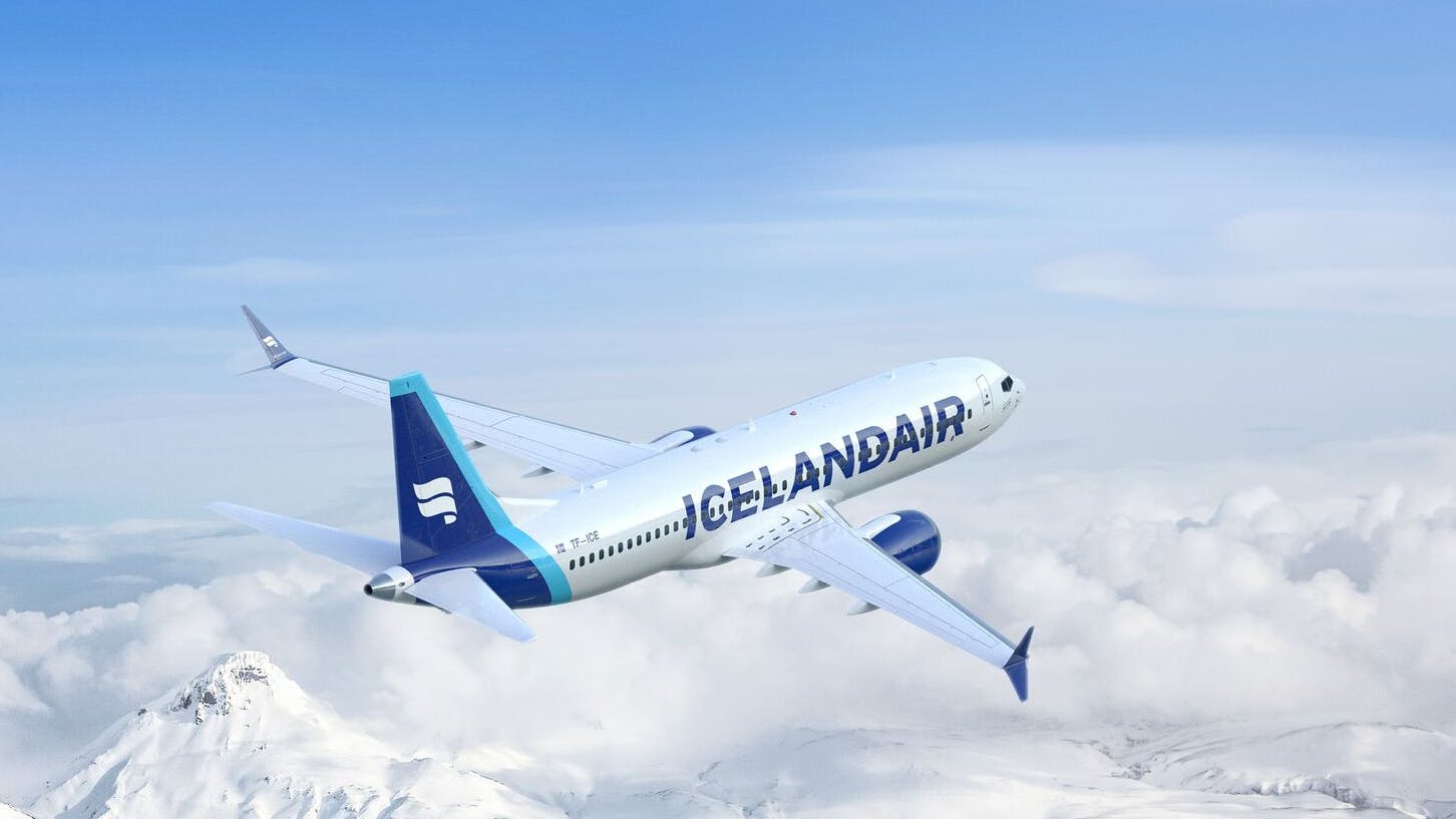 Icelandair plane flying over Iceland