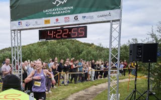 Andrea Kolbeinsdóttir crossed the finish line and won the women's category in the 2023 Laugavegur Ultra Marathon. Photo: Anton Brink
