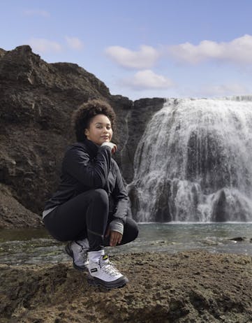 Model with Sweatpants Boots by waterfall in Iceland