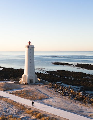 View of Akranes lighthouse out to sea.