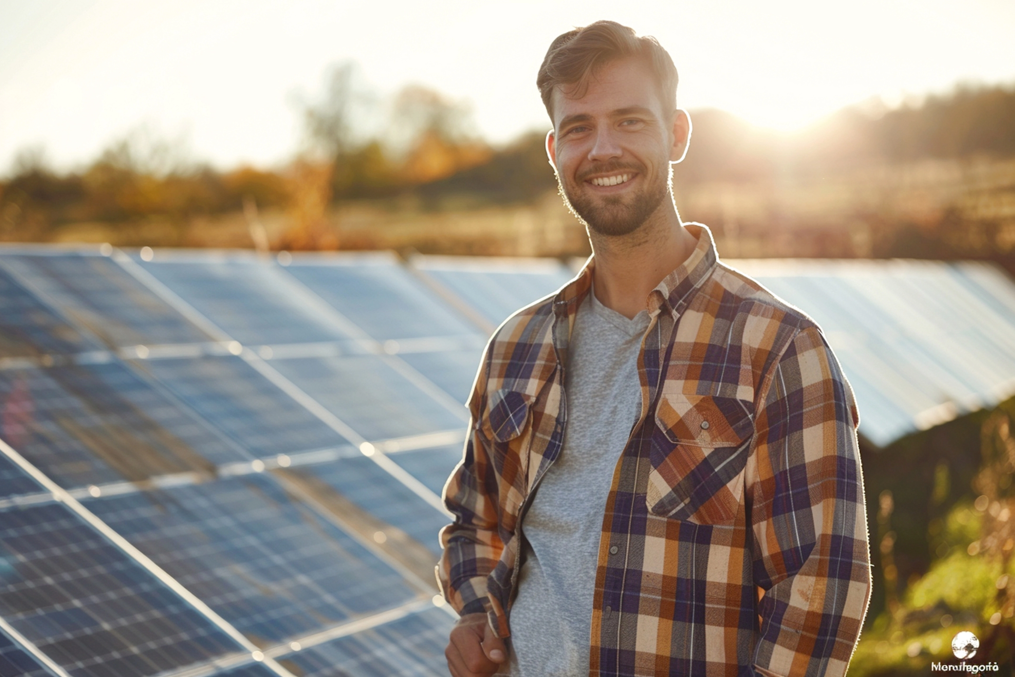 Homem sorrindo em frente a paineis solares