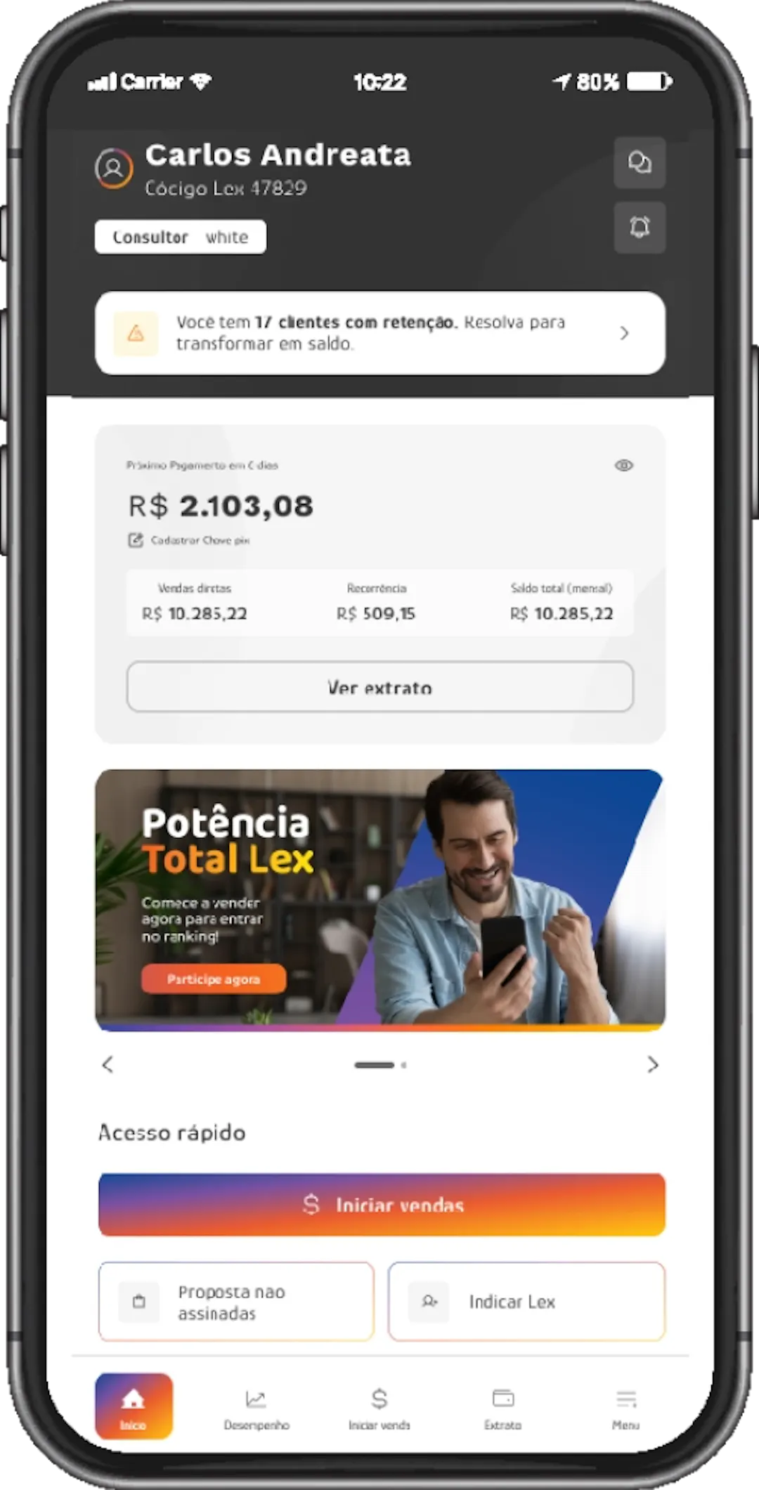 Celular exibindo o app da Lex