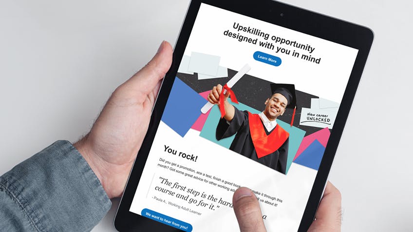 an employee learning viewing InStride education benefits on a tablet