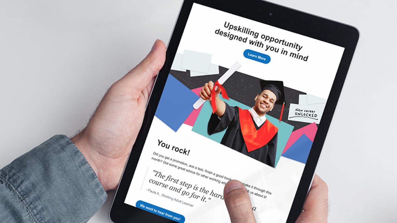 an employee learning viewing InStride education benefits on a tablet