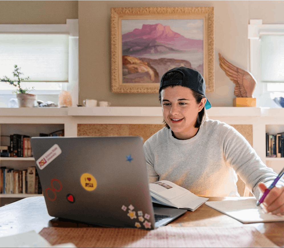 a person looking at their laptop and writing something