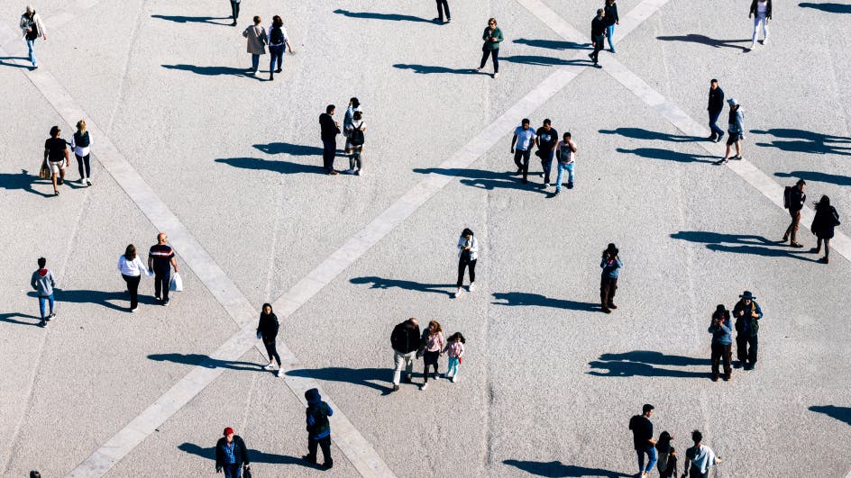 birds-eye view of people walking