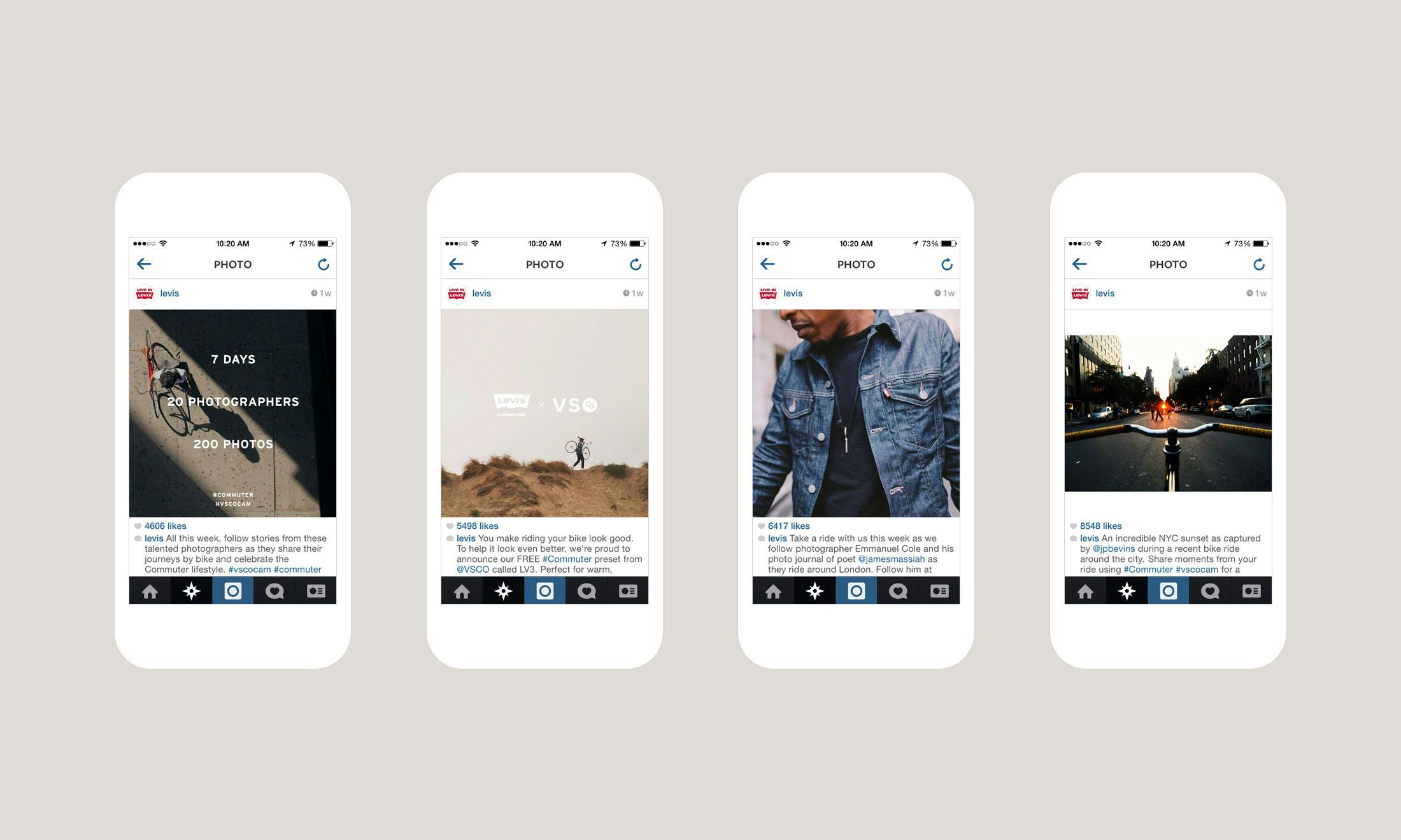 Four mobile devices showing the breadth of campaign work we provided Levi's.