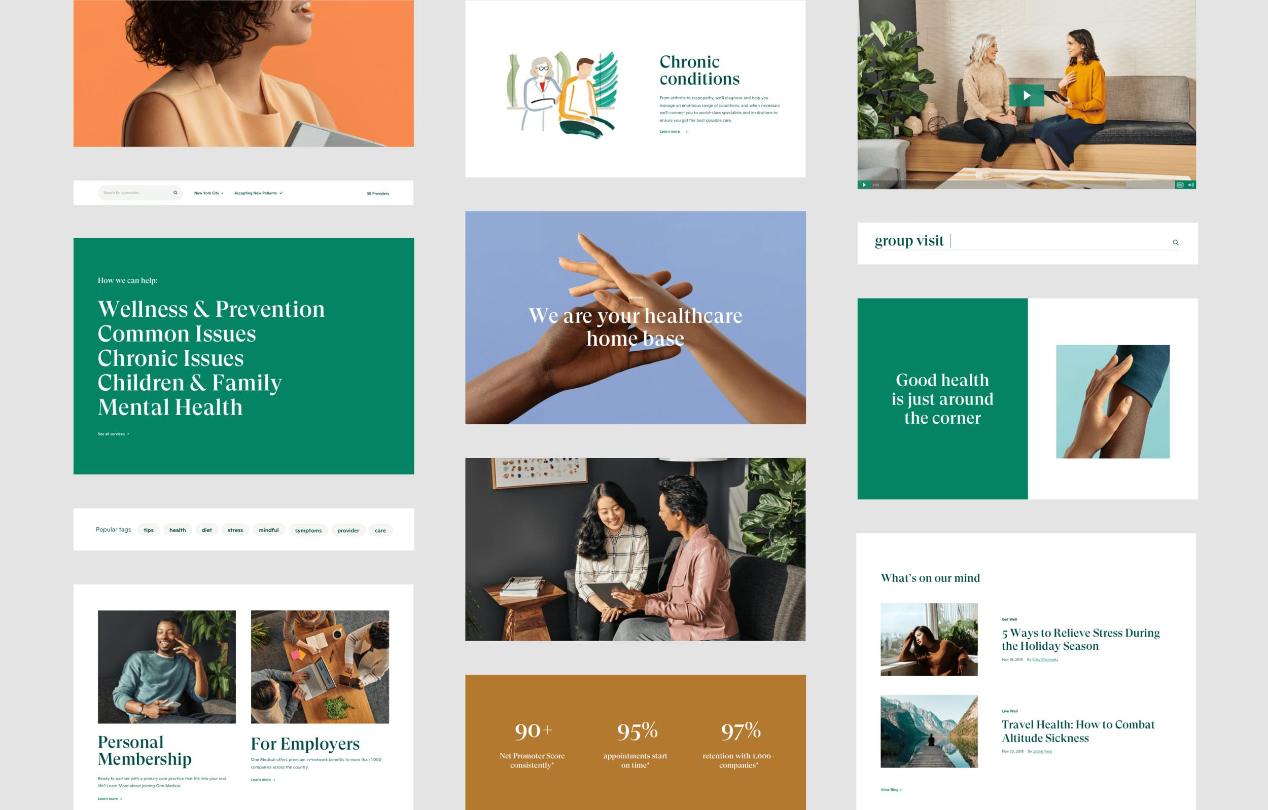 A collage of elements that we designed for One Medical's digital ecosystem. Buttons, Lists, Images, Videos, Forms, Inputs, and more.