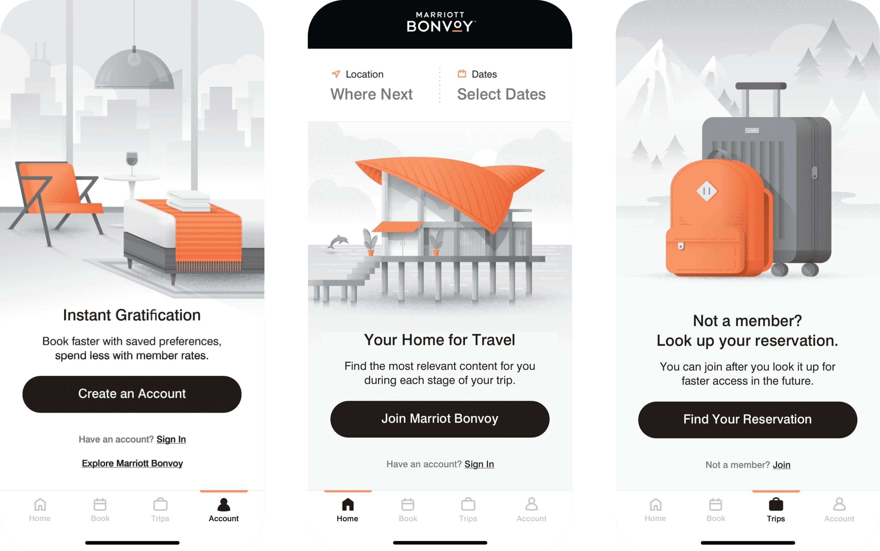 3 screenshots showcasing the account creation, booking, and reservation lookup designed by Instrument for Marriott