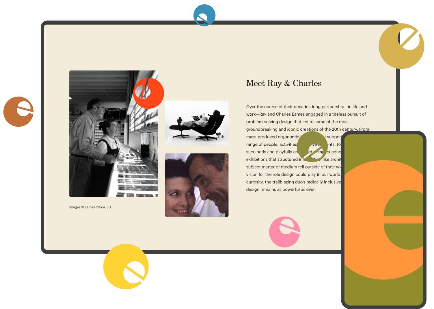 The Eameses in their workshop on the Institute website where visitors will find a curious surprise when the Eames e bounces around the screen.
