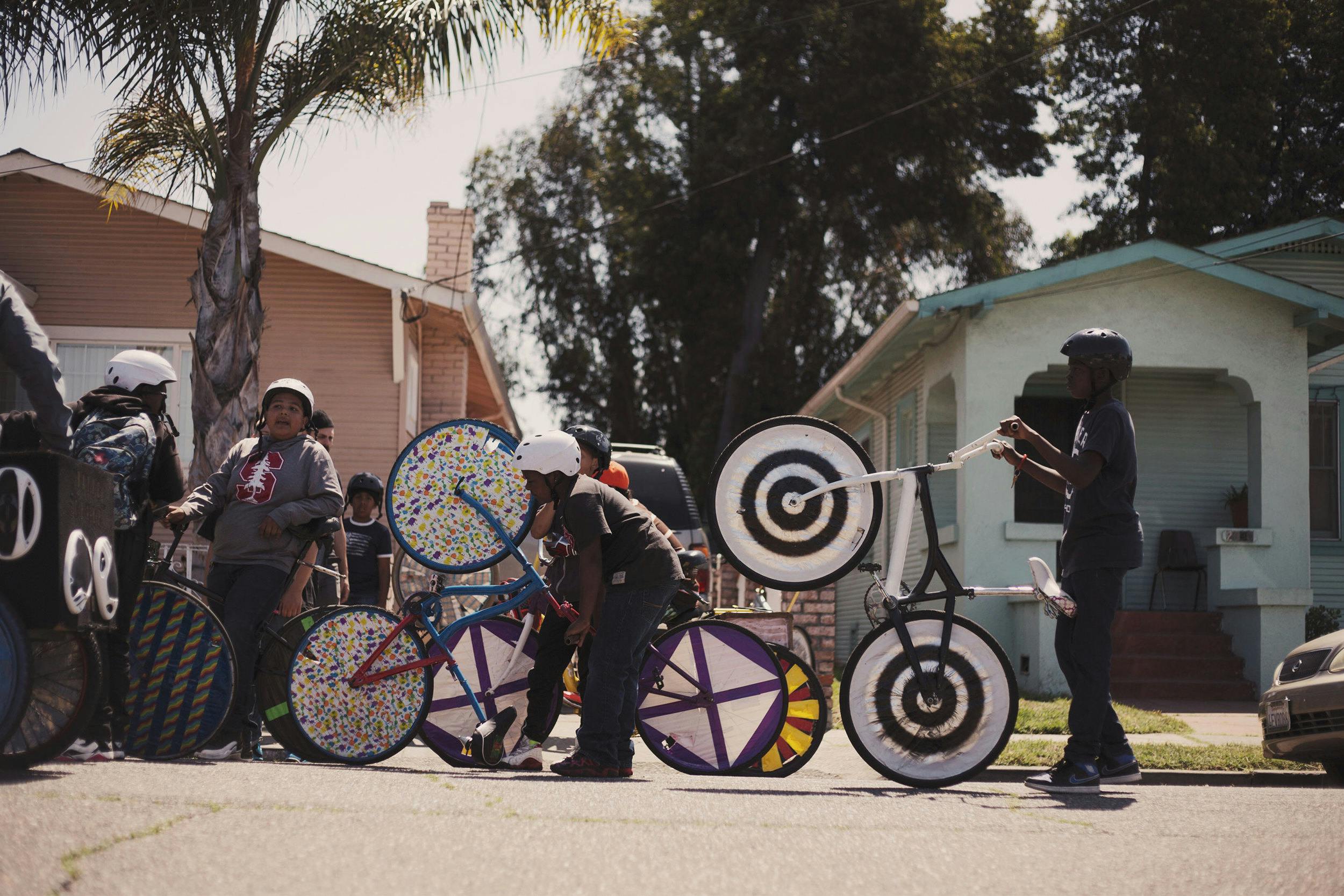 A group of cyclists organizing with their custom modified bicycles