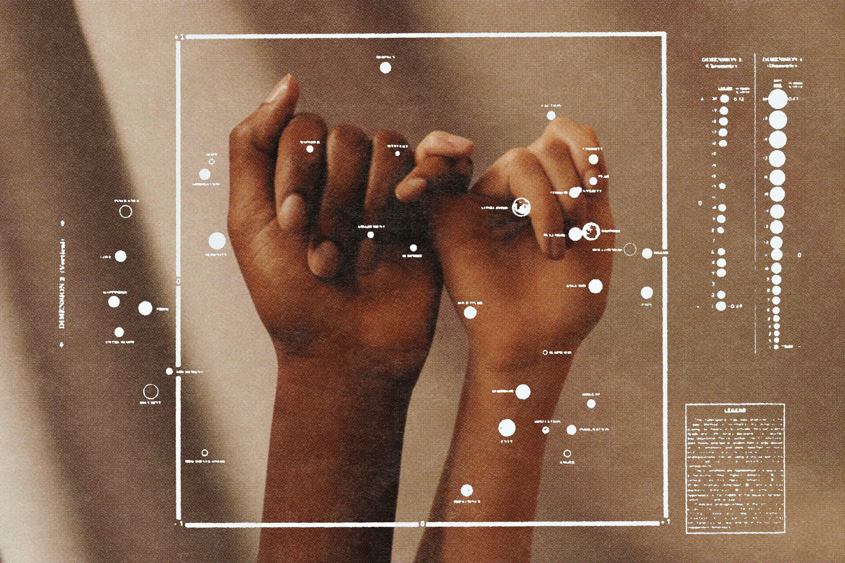 An illustration of two hands—one black, one white—with interlaced pinky fingers rest beneath a collection of charts and graphs.