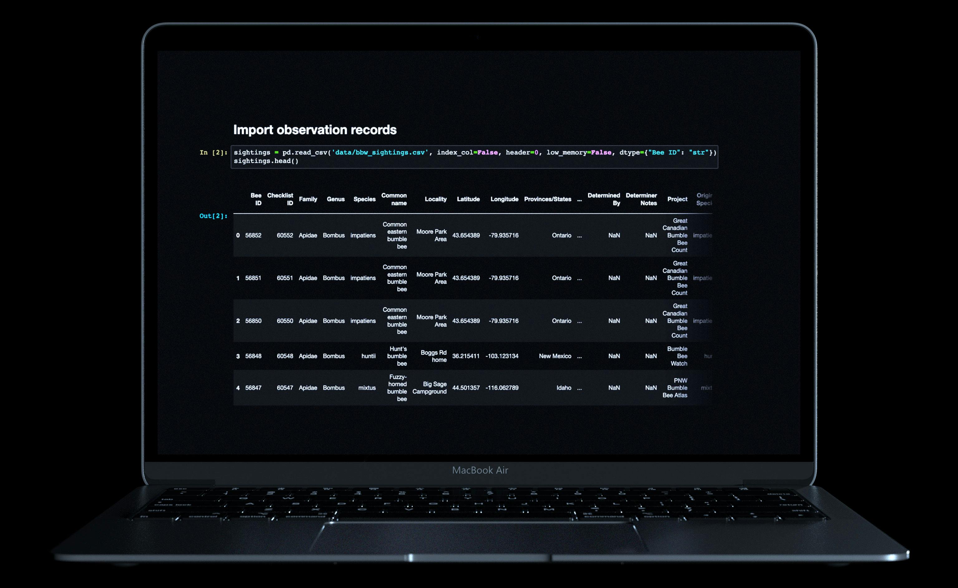 Screenshot of the imported observations records