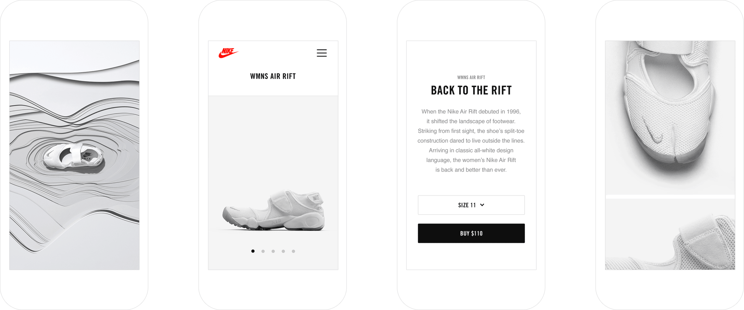 A row of four mobile devices showcasing the WMNS Air Rift