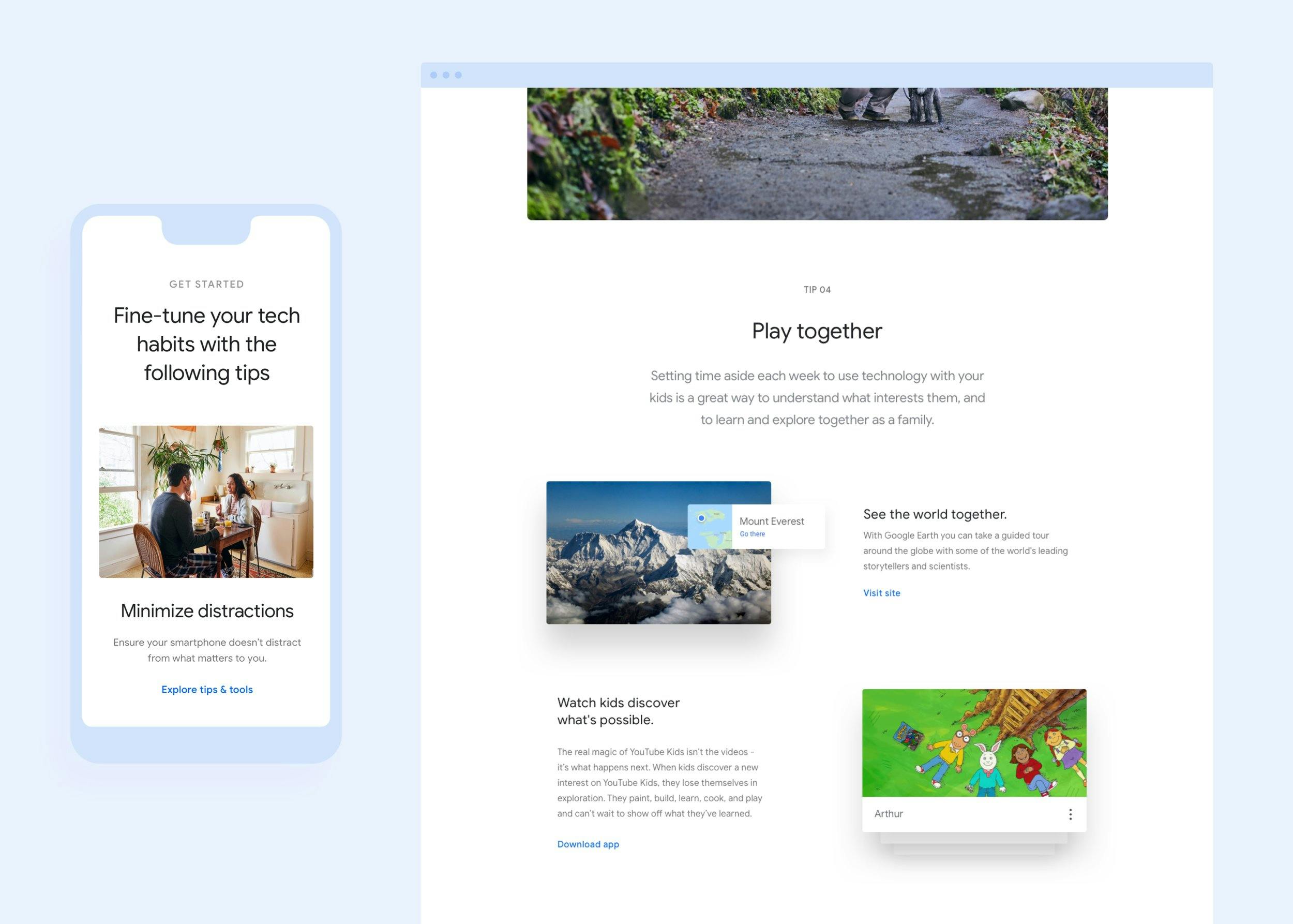 The Digital Wellbeing site featured on a mobile device and within a large web browser, set on a light blue background.