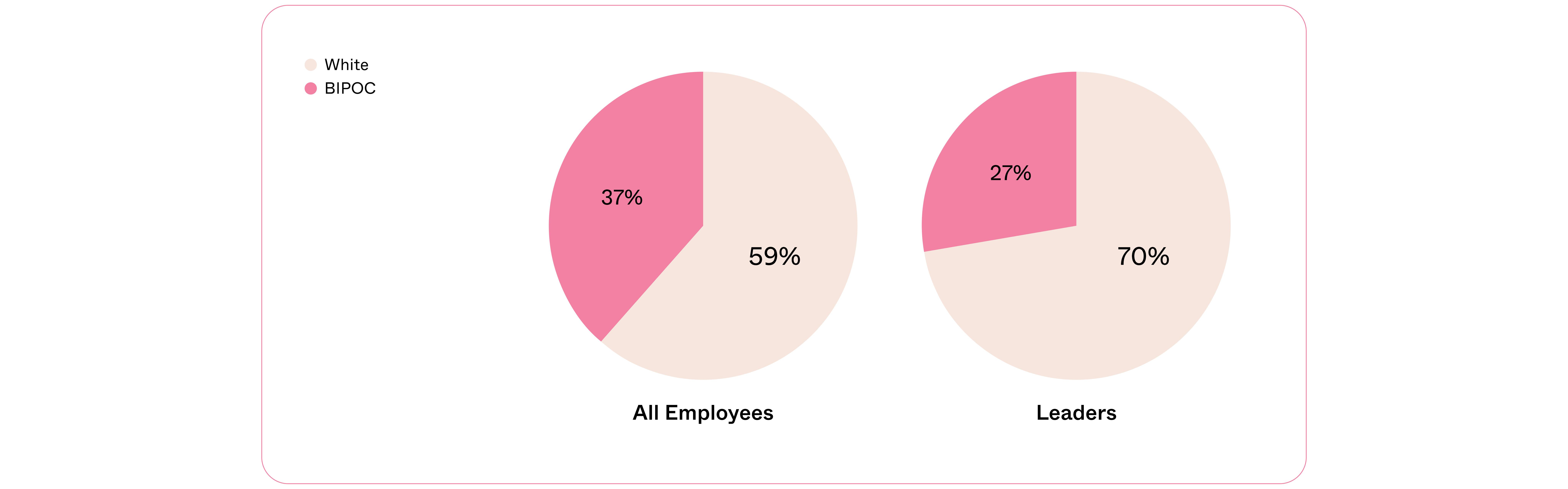 Circular graph showing that all employees are 59% white and 37% BIPOC, and leaders are 70% white and 27% BIPOC.