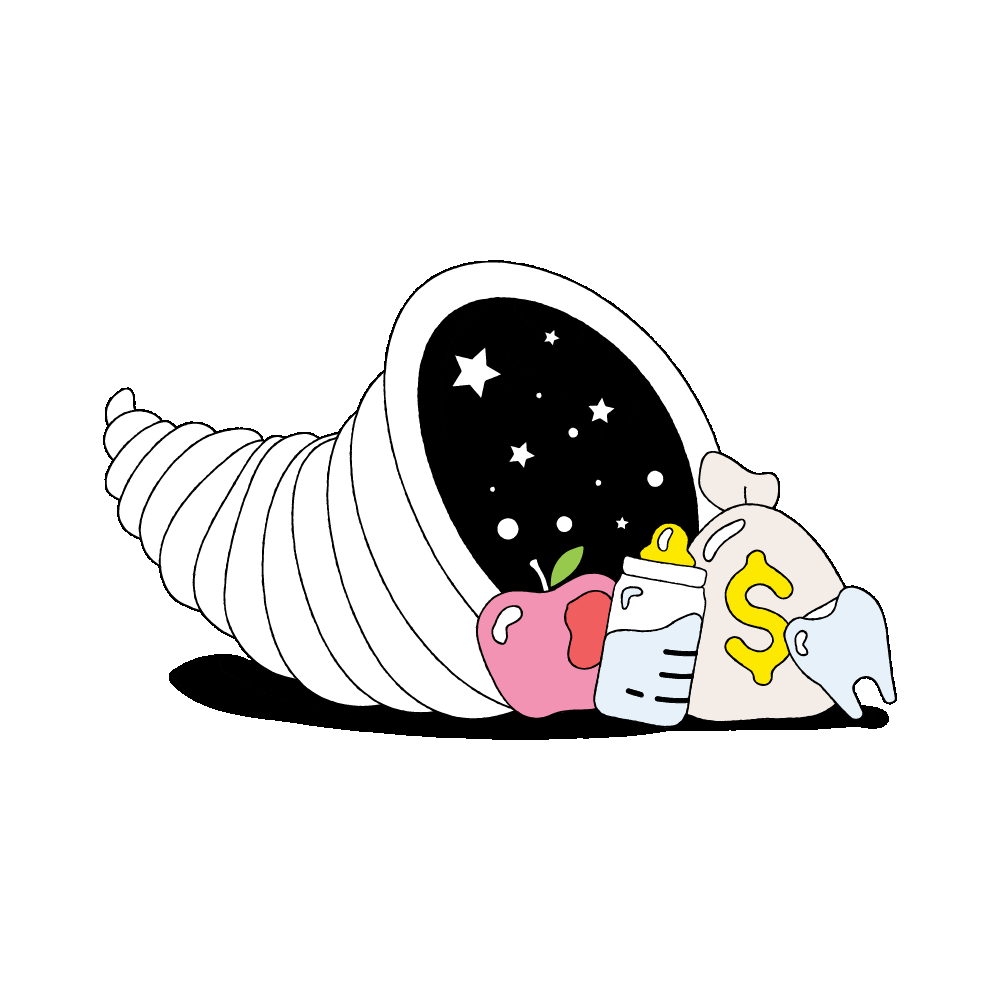 Animated illustration of a cornicopia with kid & family gear in the lower right