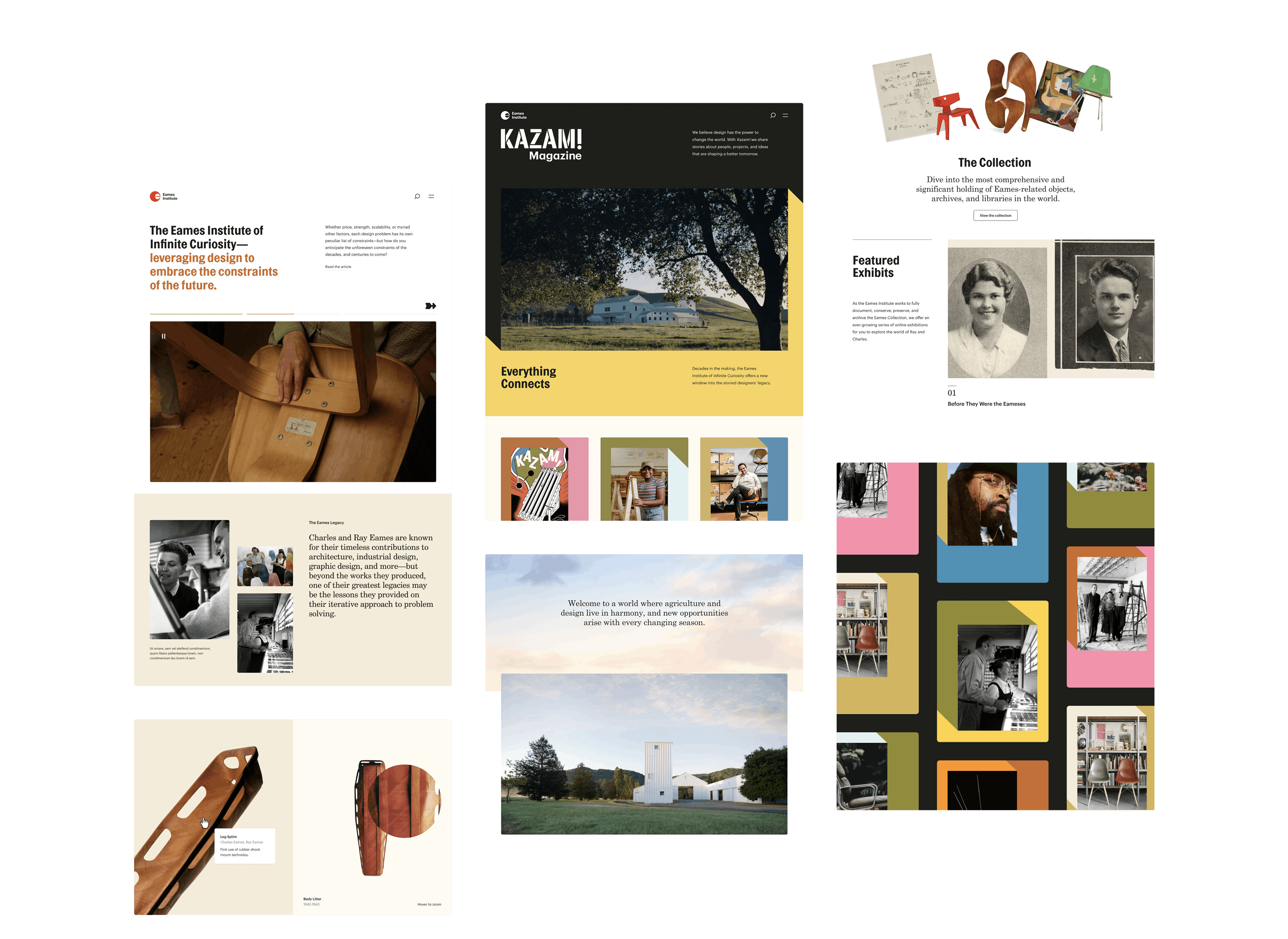 Snapshots of different pages on the website bringing to life the ranch, body liter and leg splint, family photographs of Ray and Charles, it's as if they as if you were exploring the Eames Collection in-person.