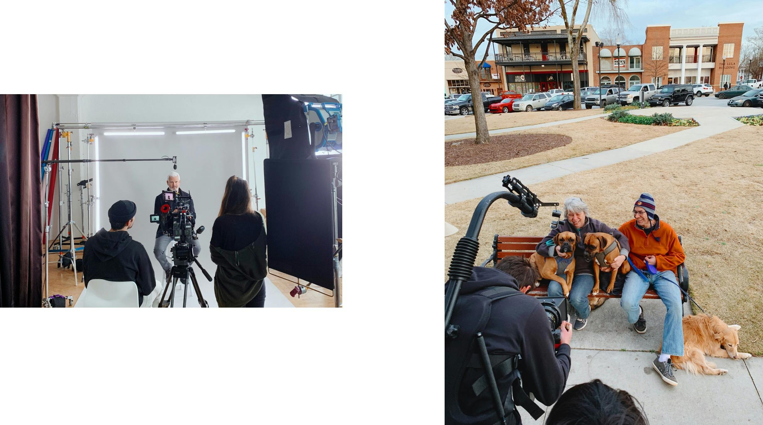 A diptypch of behind-the-scenes photos featuring in-studio and out-of-studio interview moments.