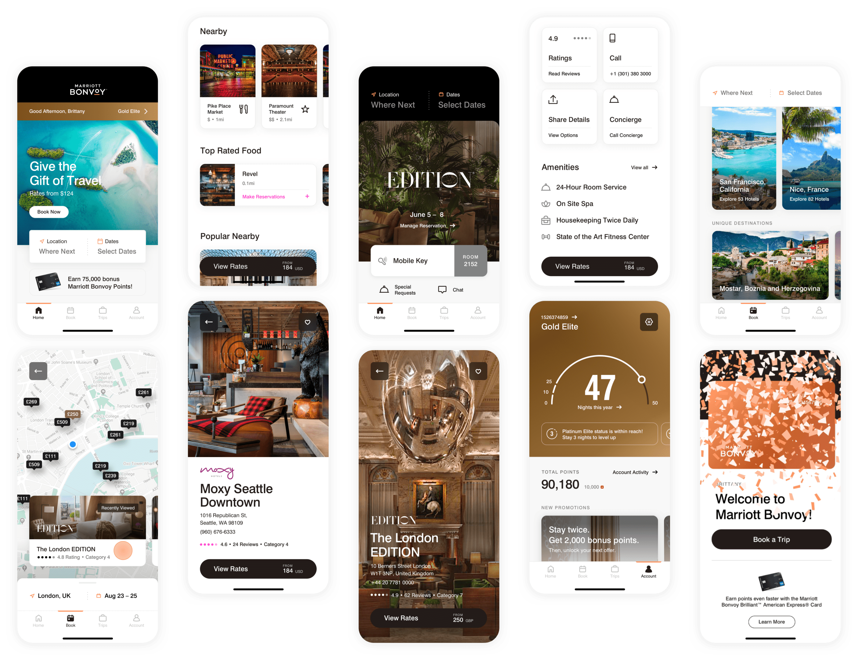 10 screenshots taken of the Marriott app that Instrument designed, ranging from home screens, maps, room details, concierge screens, and more