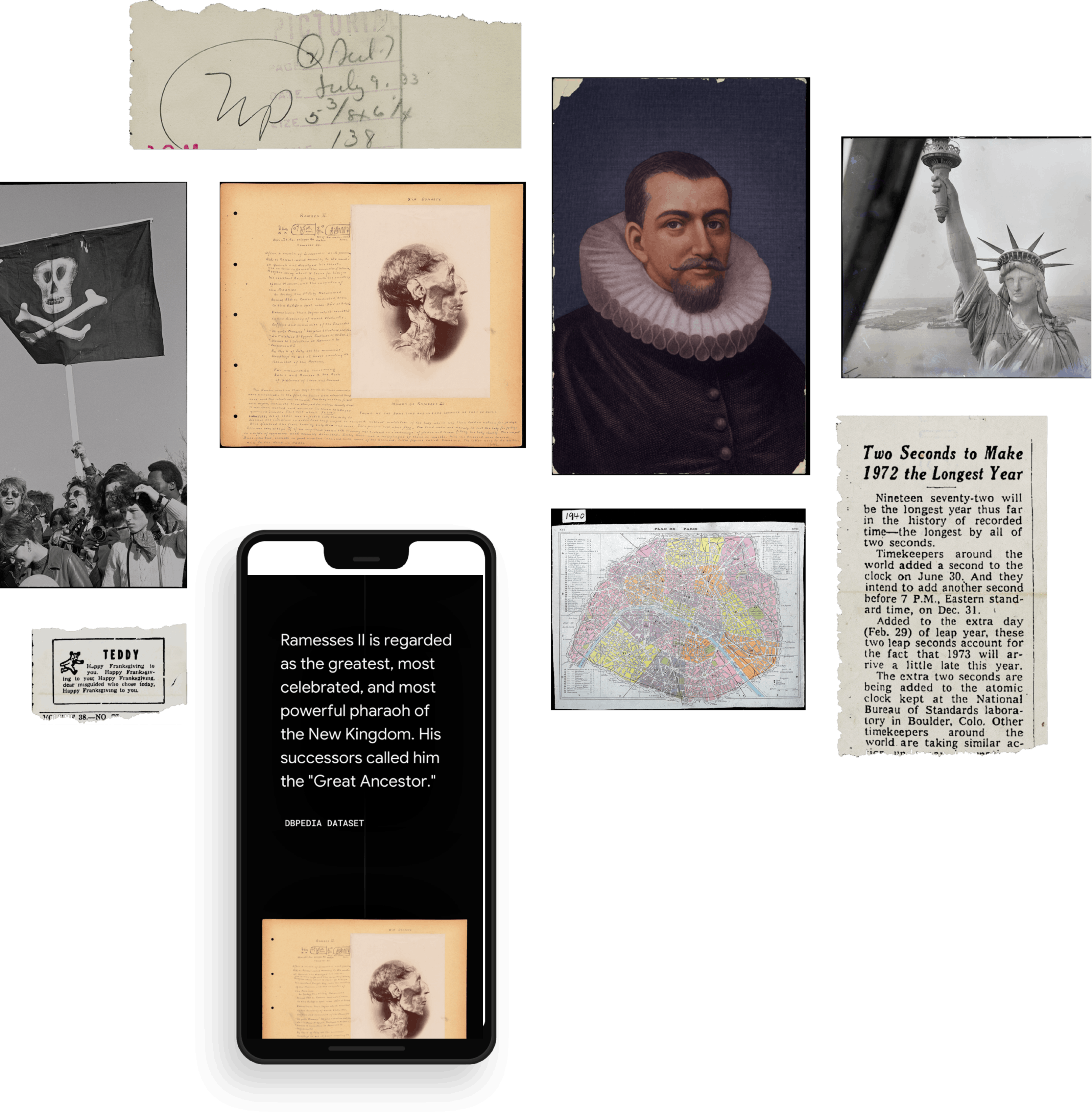 Collage with physical archived photos and the digital immersive experience that connects them now