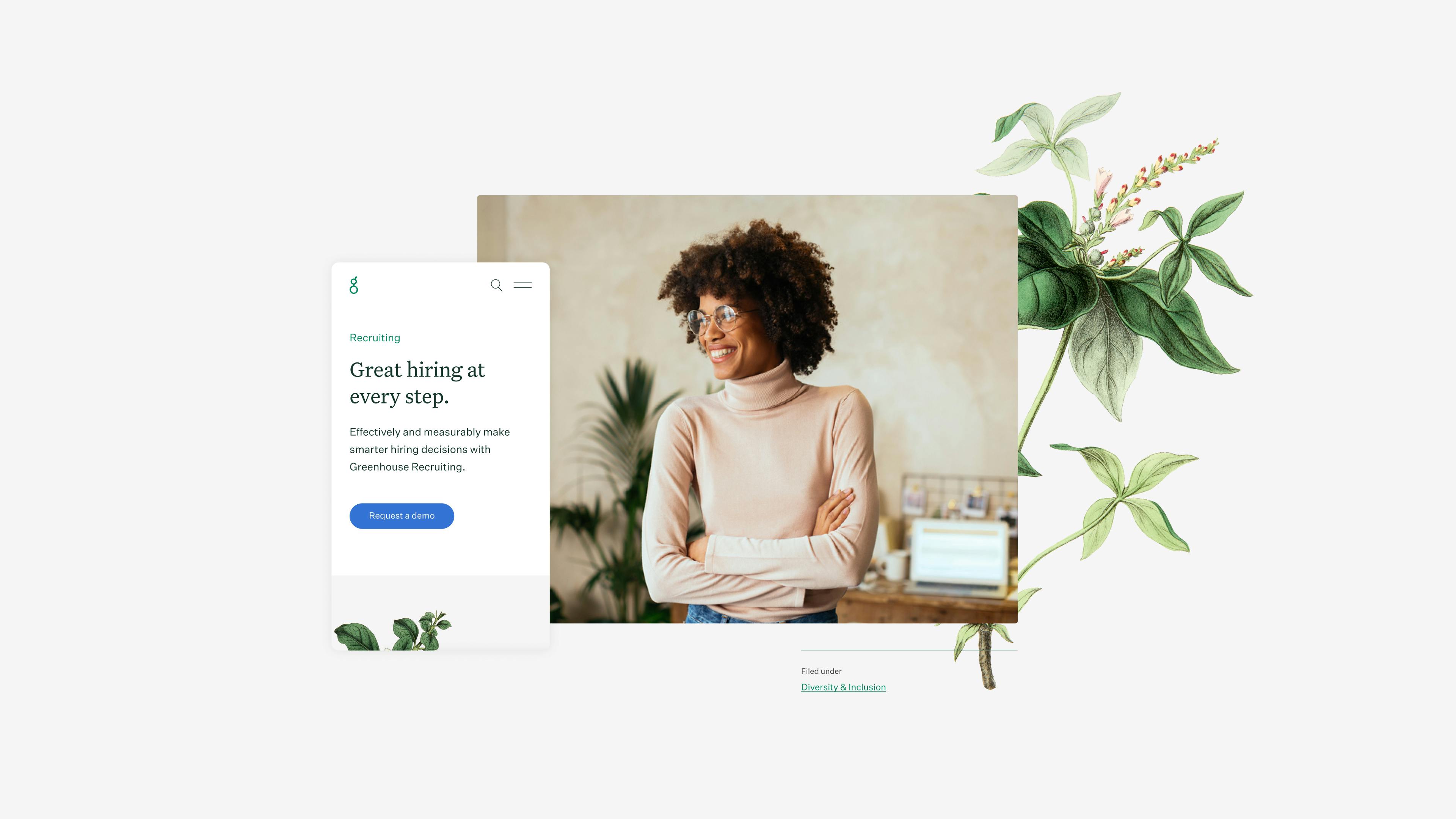 An image showing Greenhouse's website, a portrait, and some of their brand elements.
