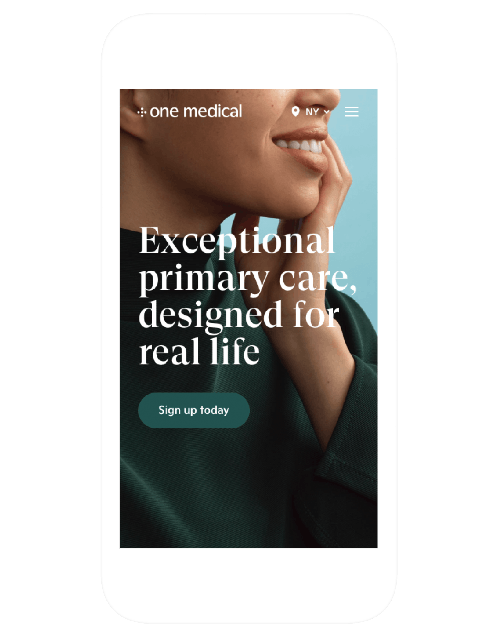 The One Medical homepage, viewed on a mobile device. In the backround there is a photograph of a woman smiling. The foreground is populated by the website's navigation and some large messaging that says "Exceptional primary care, designed for real life. Sign up today."