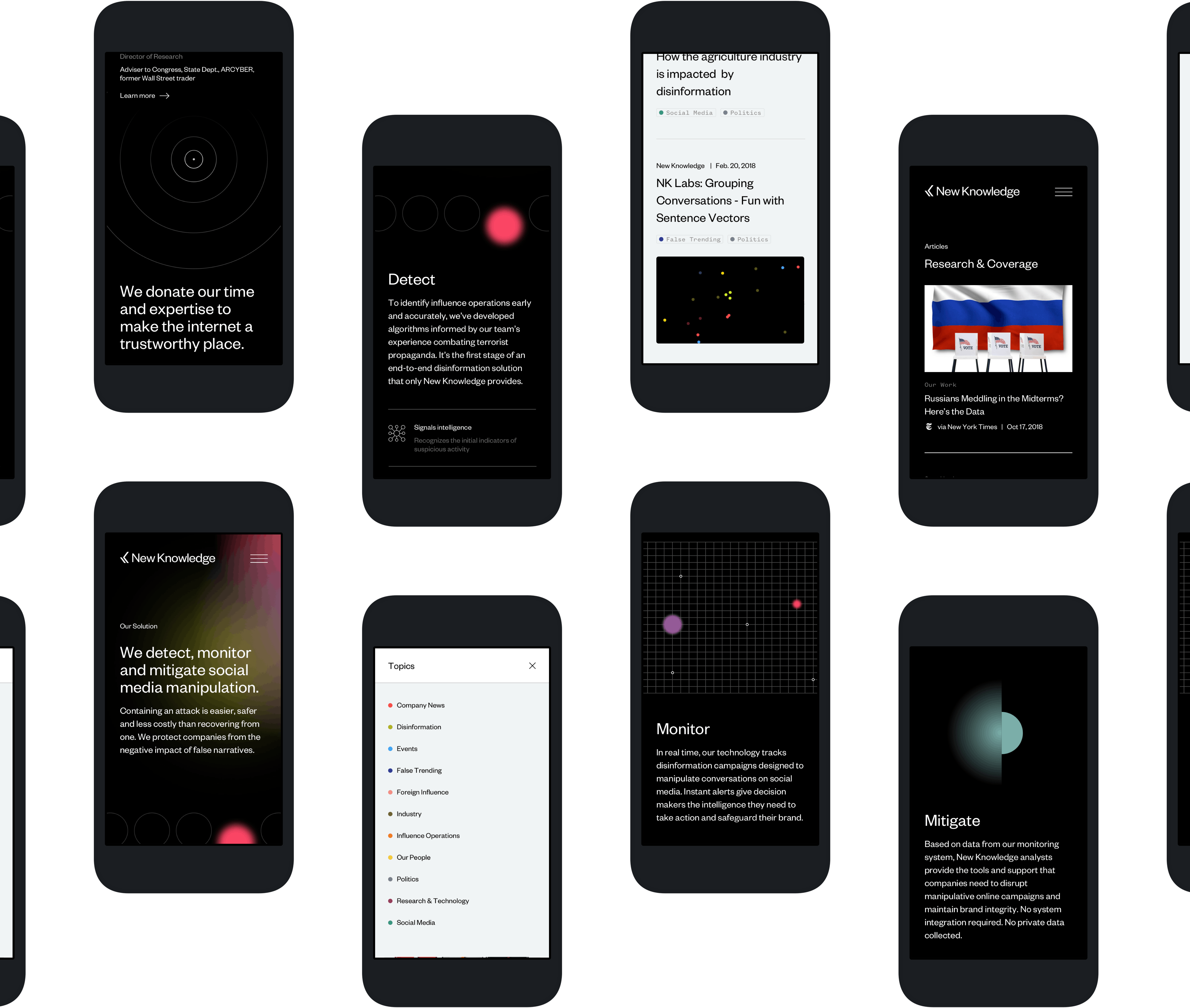 Collage of mobile devices to demonstrate the re-imagined New Knowledge branding and design system
