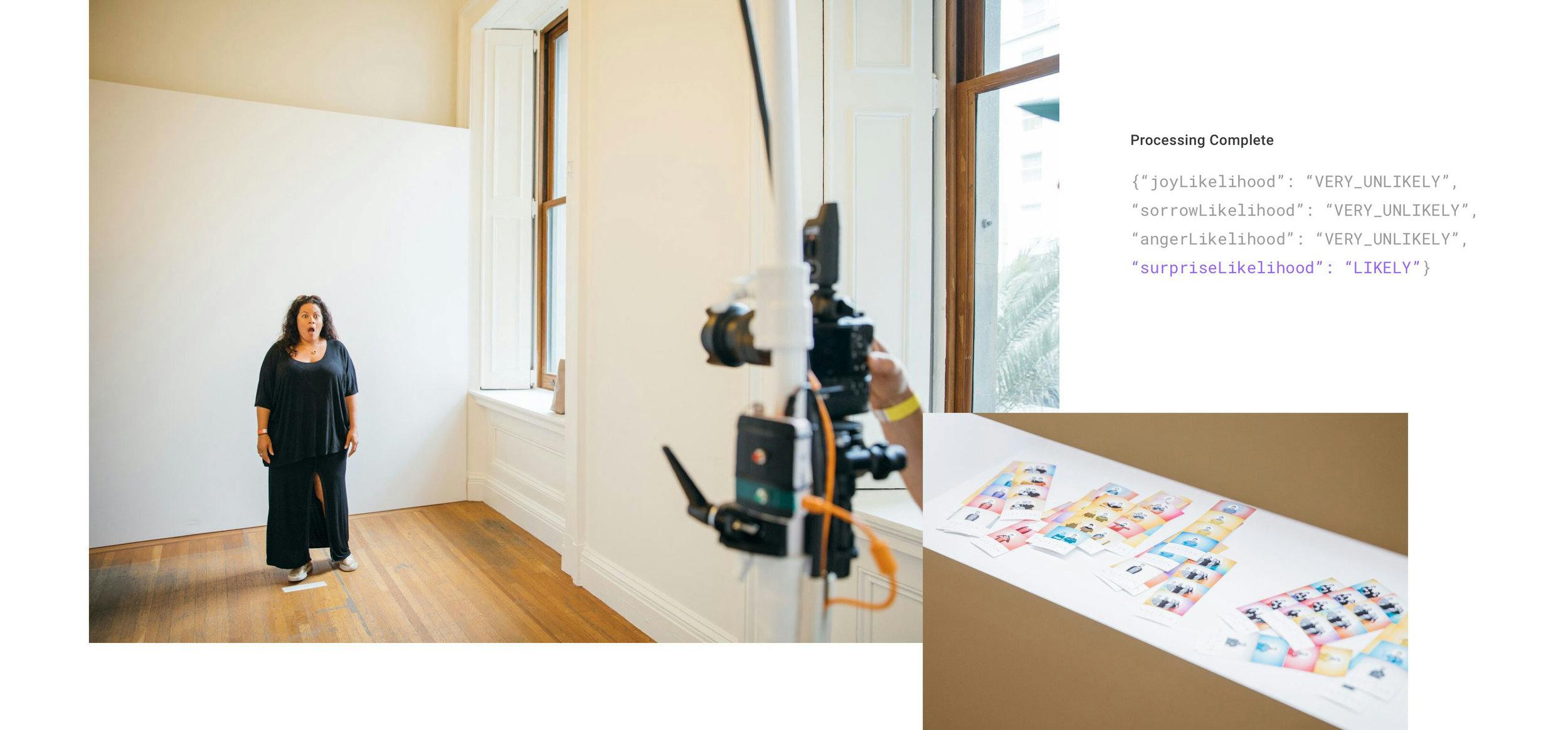 A collage outlines the Emotobooth Process. First a woman makes a face of shock and surprise while standing in front of the Emotobooth camera. Next, Emotobooth processes the photo and determines that joy, sorry, and anger are "very unlikely" emotions that she's feeling. It concoludes