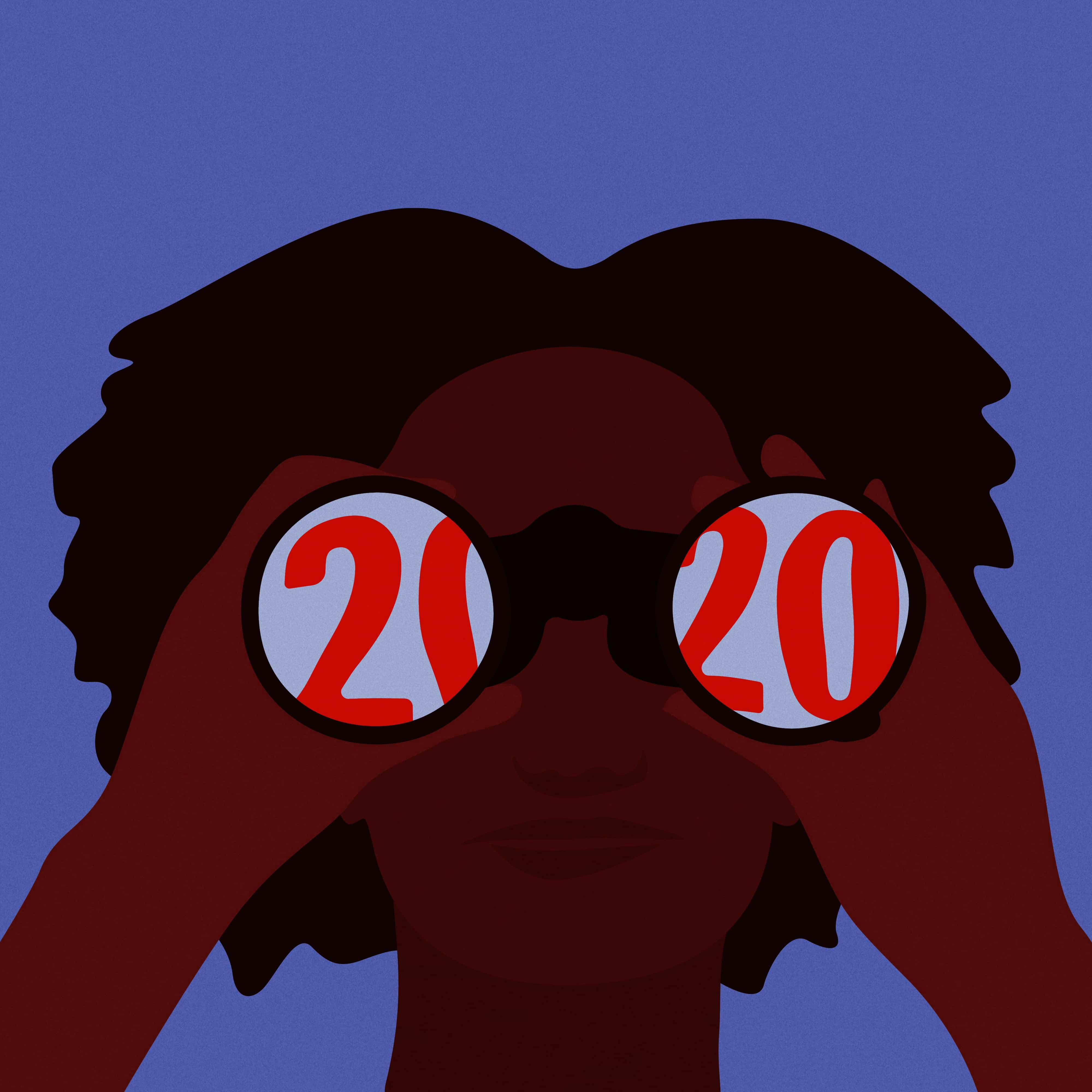 Illustration of someone looking through binoculars. A reflection of "2020" reflects off or the glass.