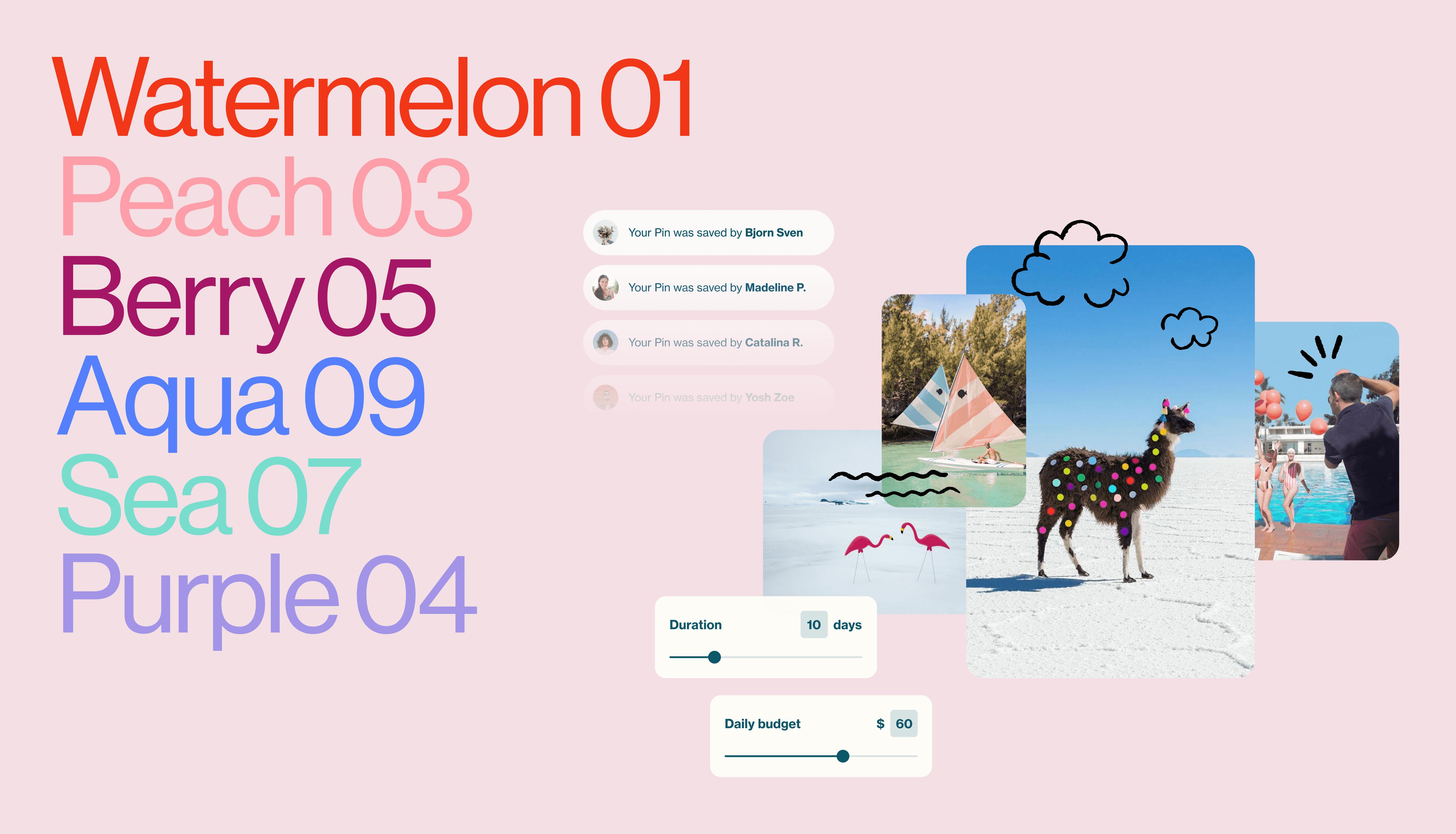 A collage of typography, input sliders, images, illustration, and notifications that we designed for Pinterest