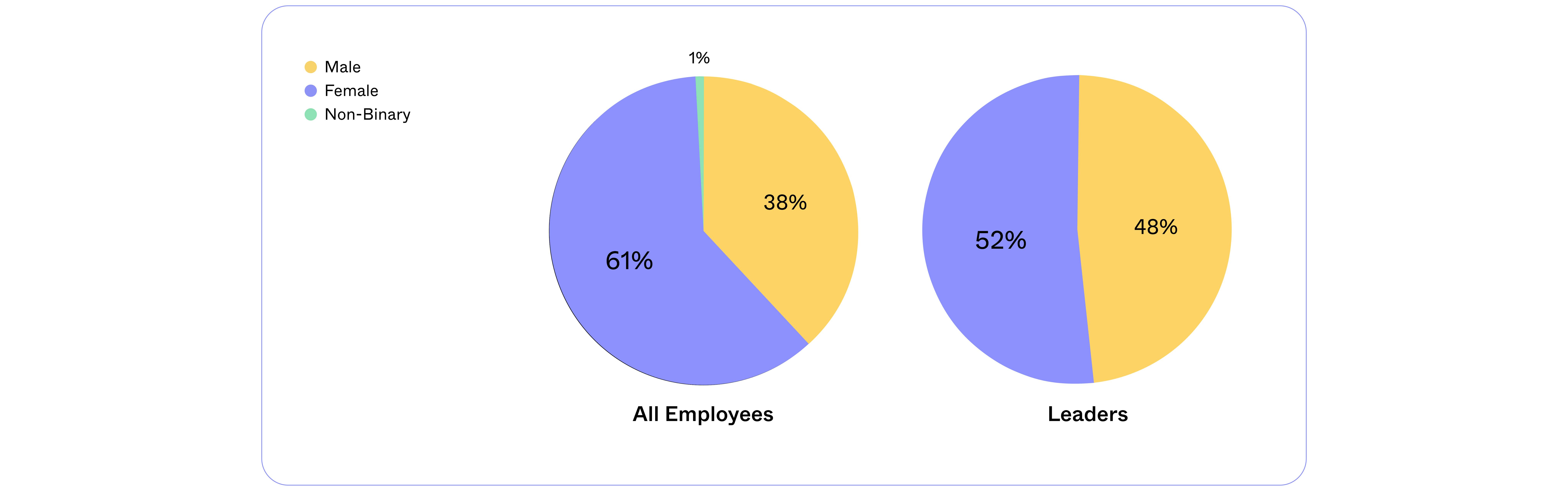 Gender representation circular graph: All employees male 38%, female 61%, non-binary 1% and leaders male 48% and female 52%.