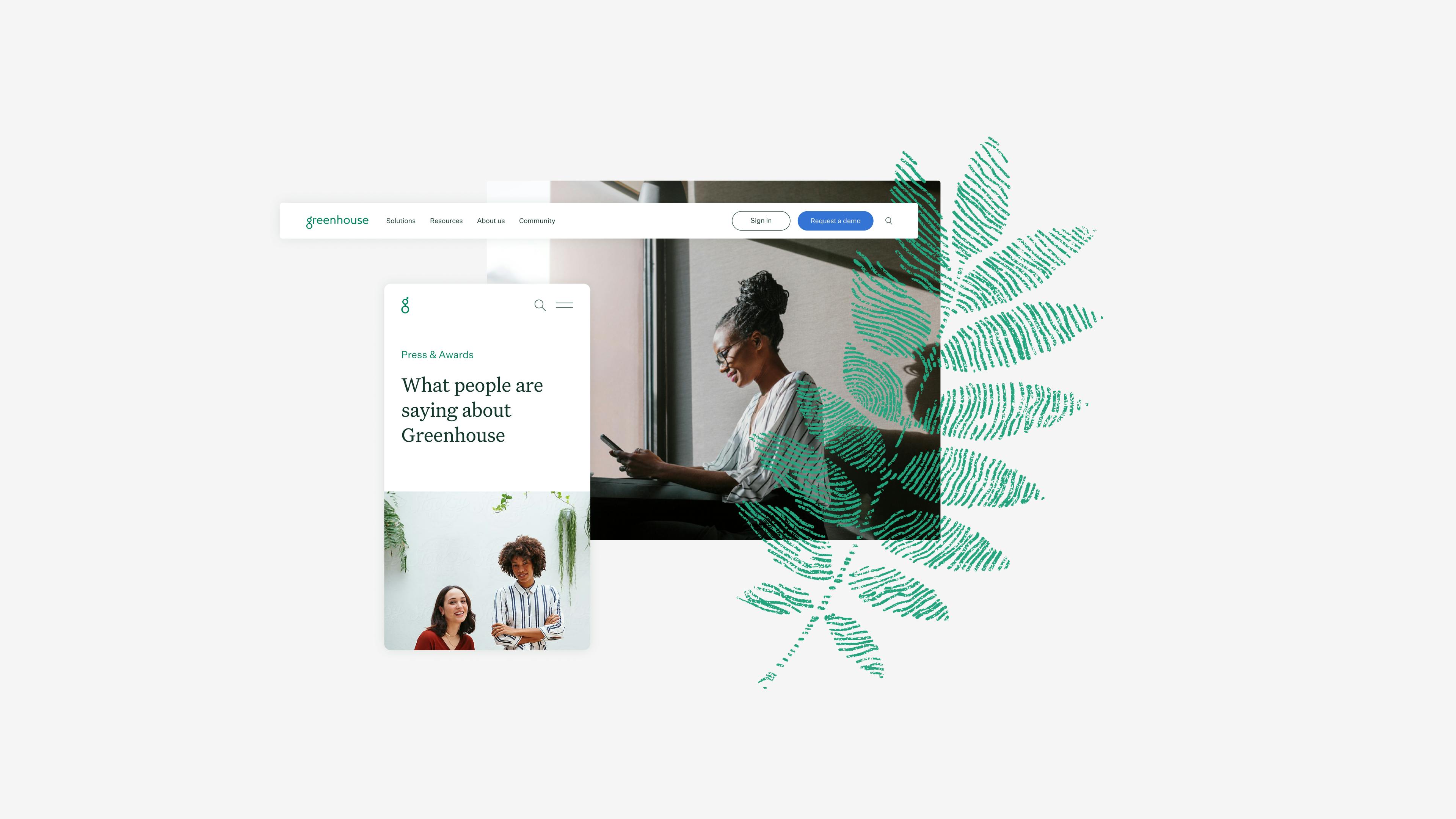 An image showing Greenhouse's website, a portrait, and some of their brand elements.