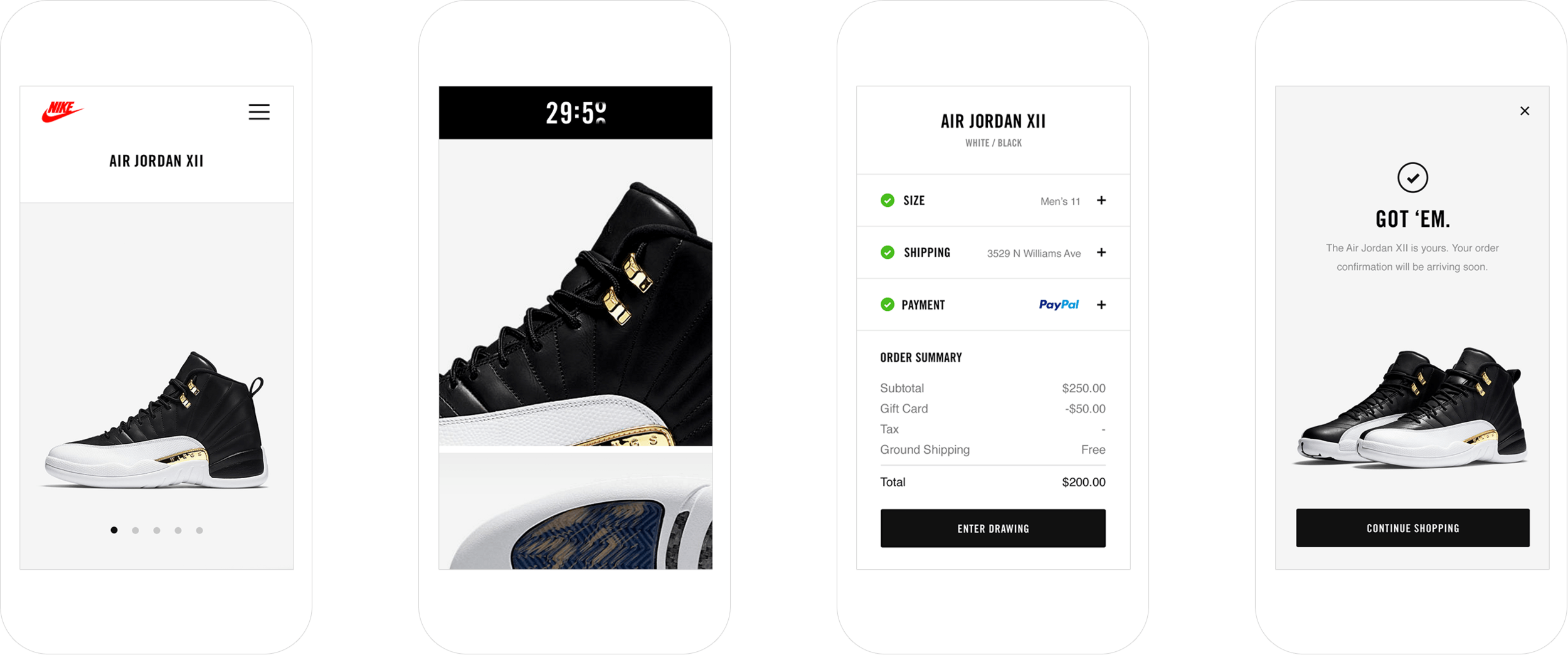A row of four mobile devices showcasing the product checkout flow