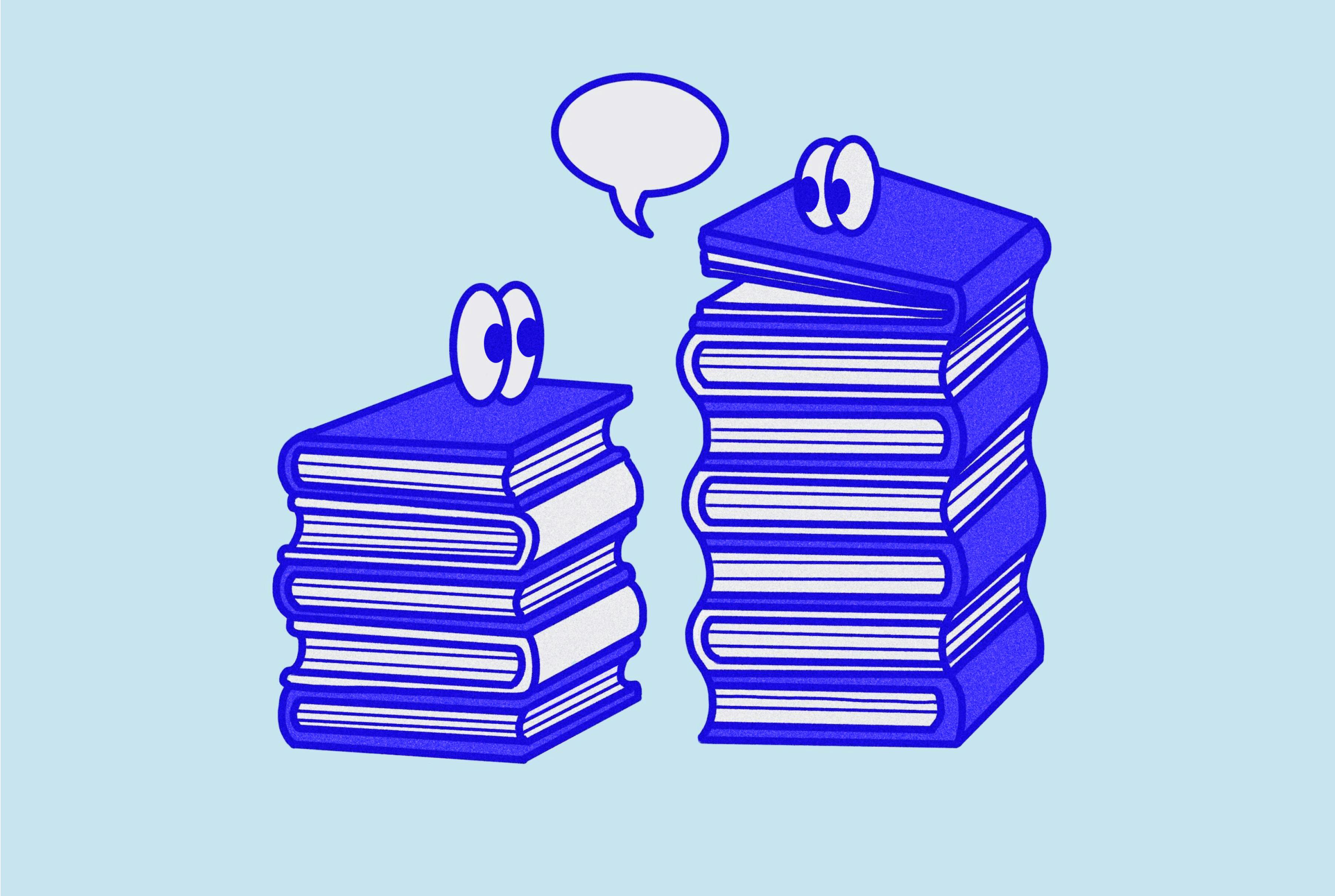 Dark blue stack of books with googly eyes talking to each other on a light blue background.