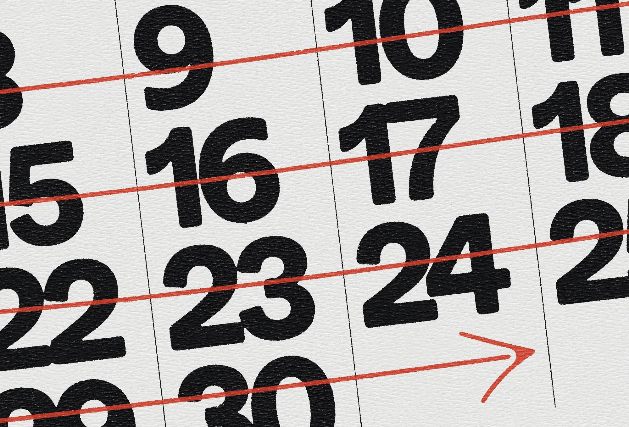 A calendar with a continuous line that is crossing out the days and moving forward into the future