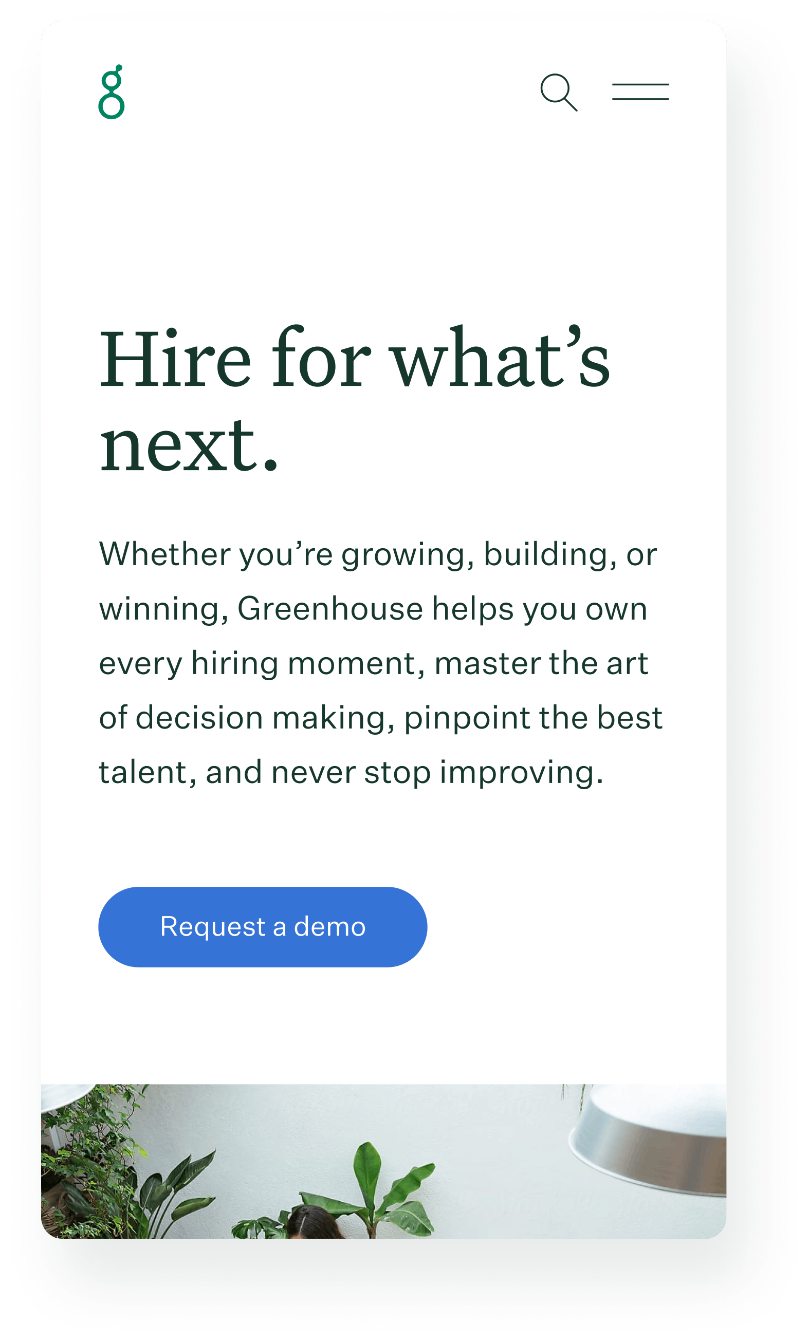 A mobile view of Greenhouse's homepage.