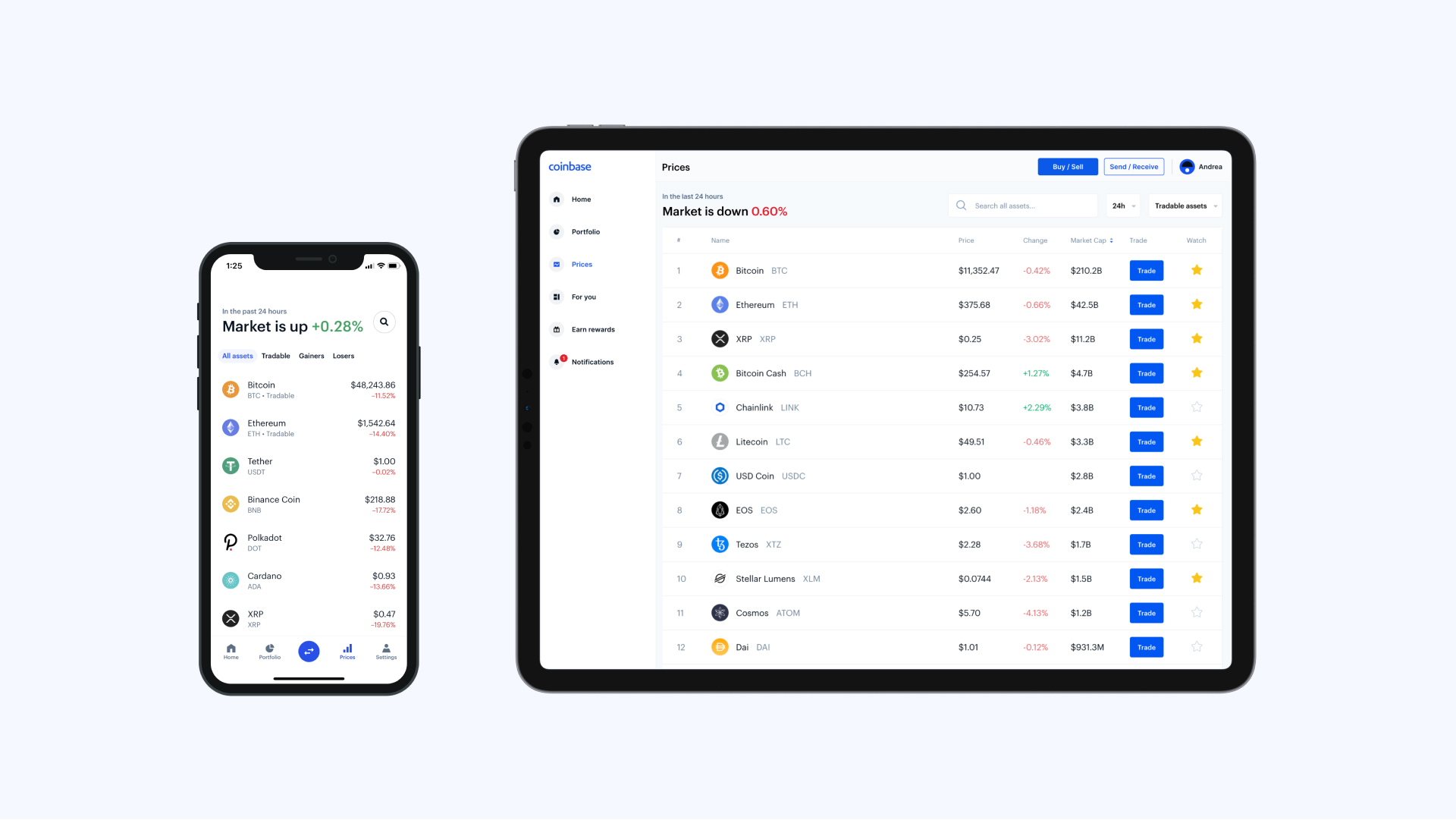 Images of Coinbase's app and website, showing the scalability of their design system.