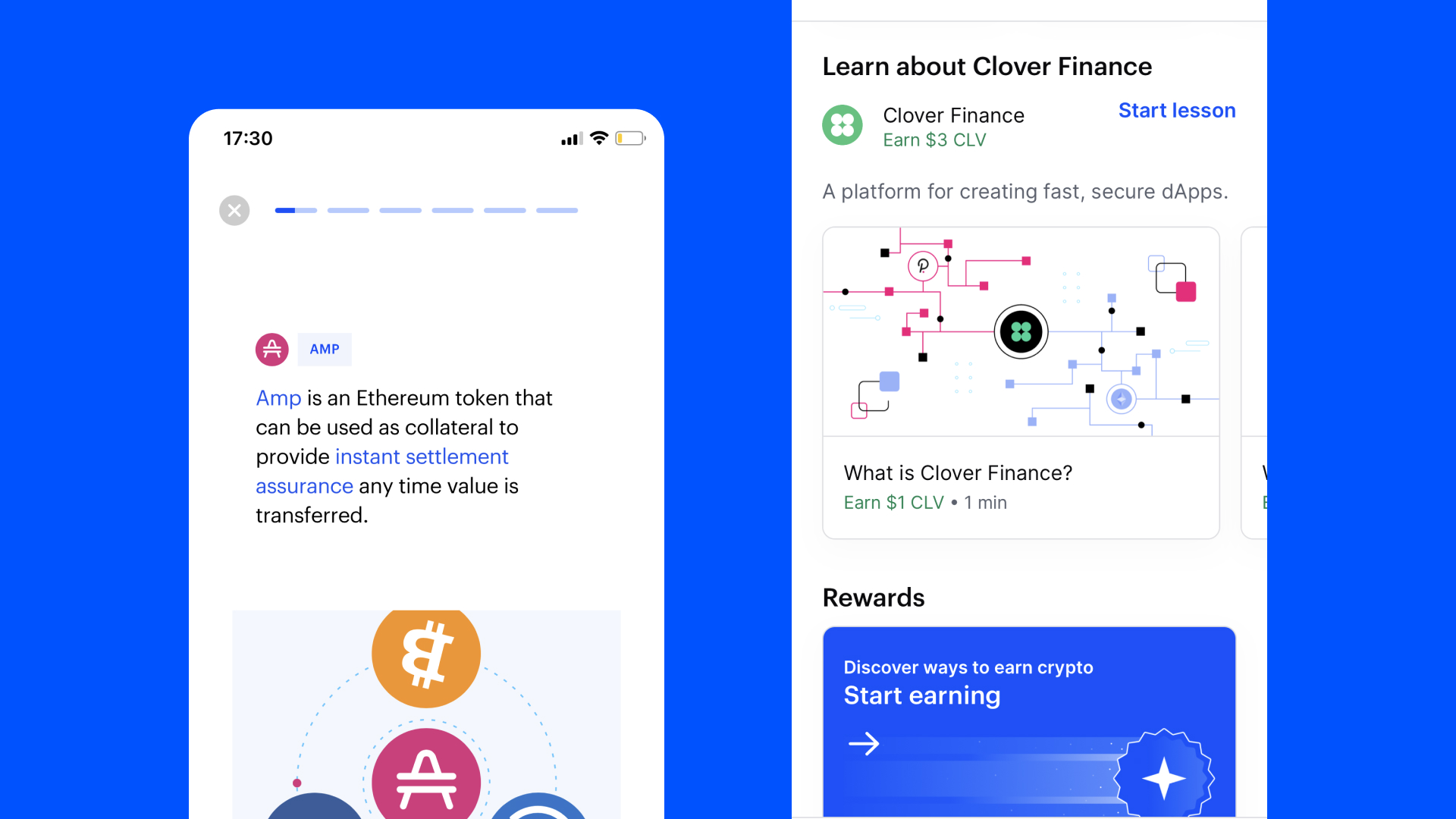 Images of Coinbase's tutorials about new cryptocurrencies and technologies.