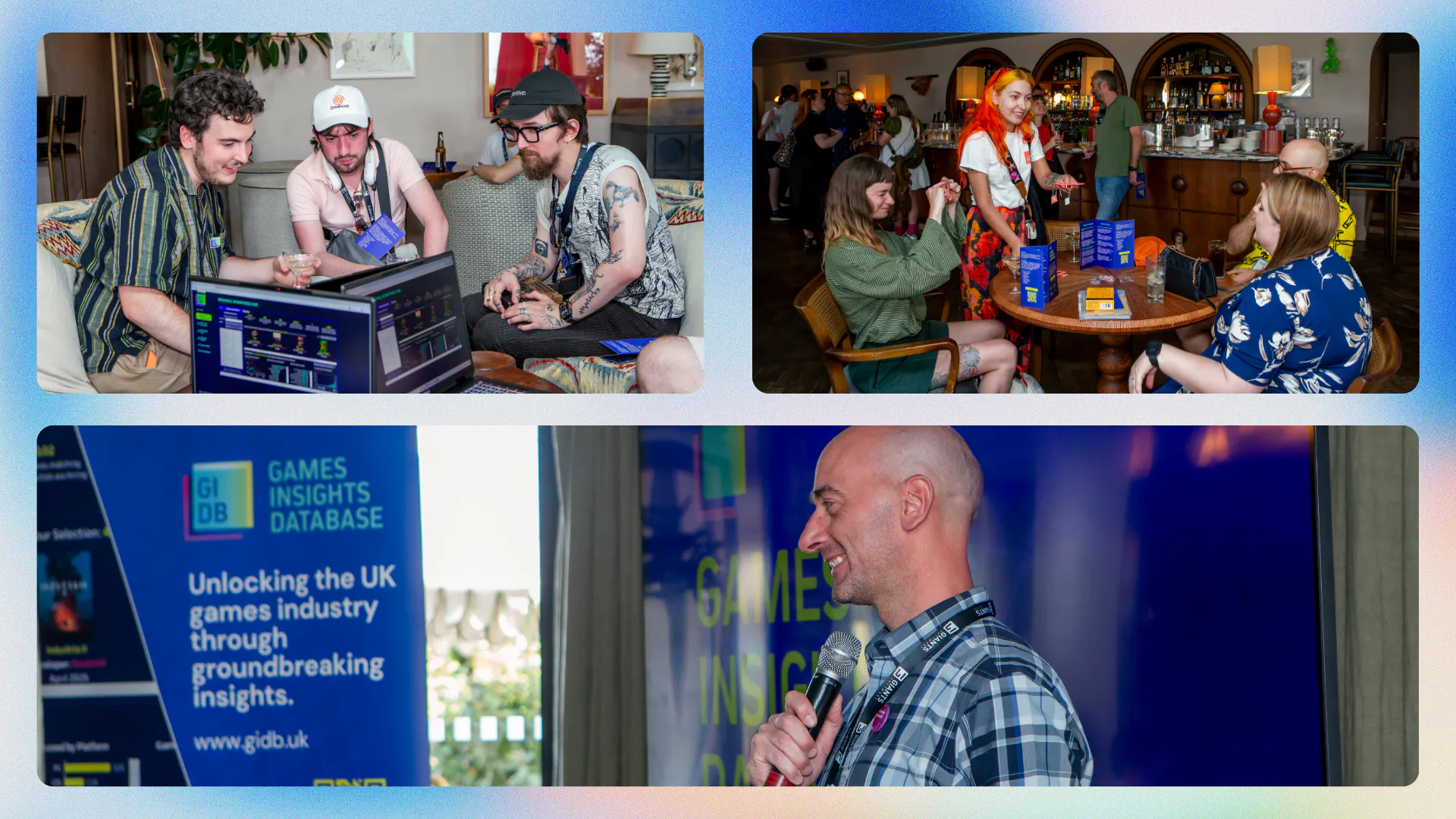 Collage of three images of people attending the GIDB launch event