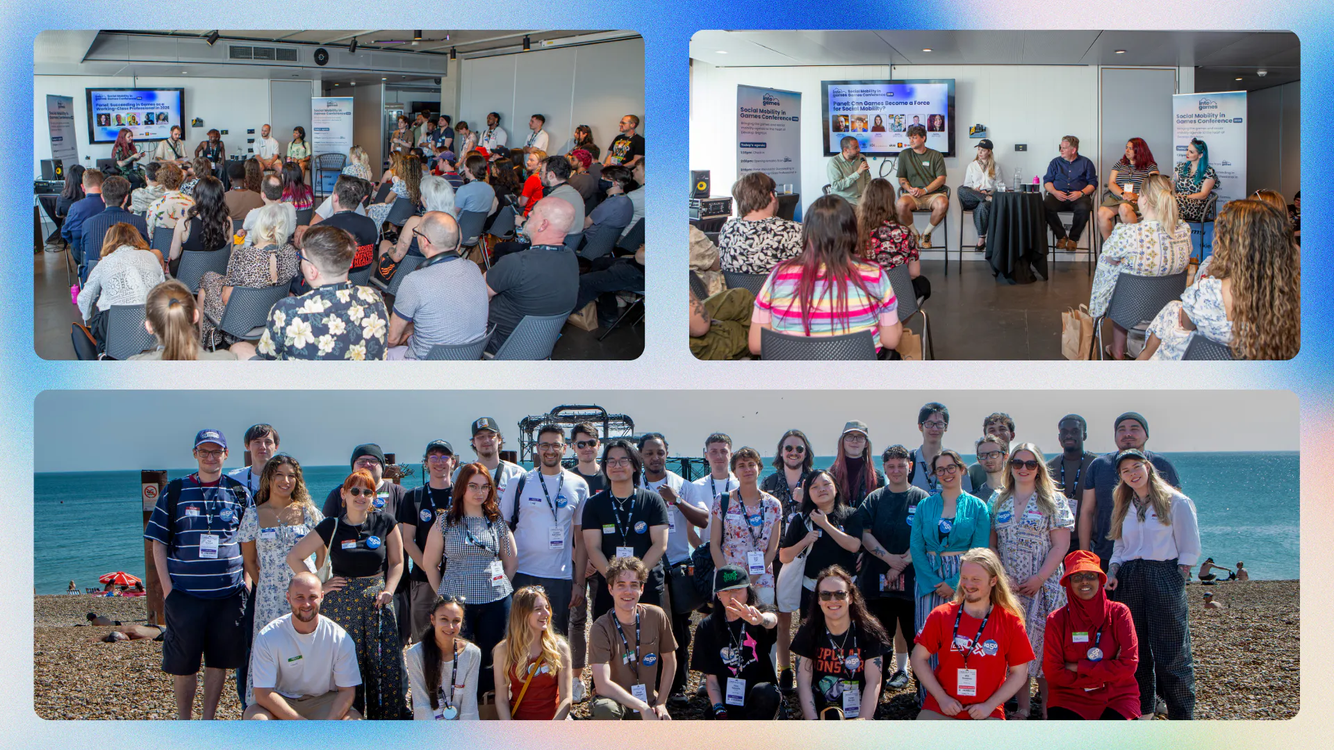 Collage of three photos: top left the first panel of the conference, top right the second panel of the conference, bottom image group picture of IG50 winners