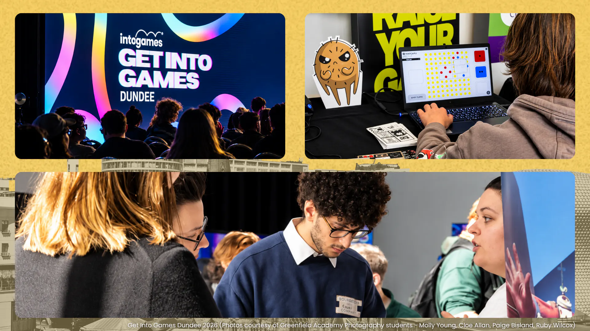 Top Left photo: The Into Games Careers Stage with a full audience. Top Right photo: an attendee playing games. Bottom photo: developers talking to attendees