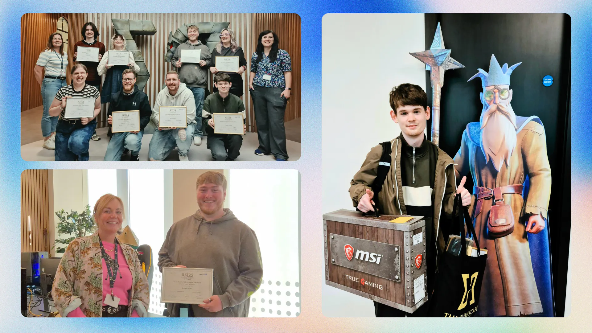 A three picture collage on a blue background. Top left image: Group of Jagex game jam winners holding their certificates. Bottom left: Jagex staff and one winner with their certificate smiling at the camera. Right image: One game jam winner in front of a cardboard cutout of a game character, holding his prizes.