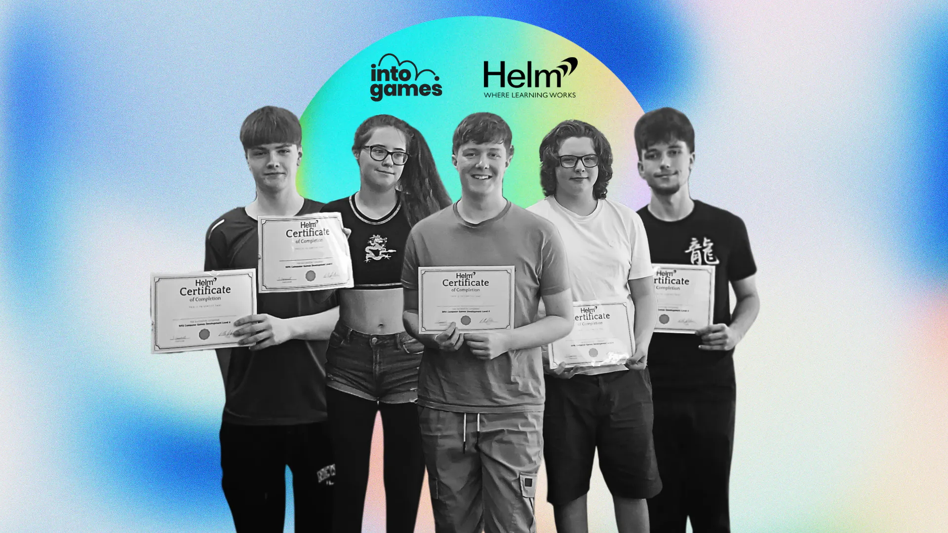 A blue background, with a green circle. Middle top is the Into Games logo and Helm Training logo, and below a black and white image of five graduates holding their certificates.