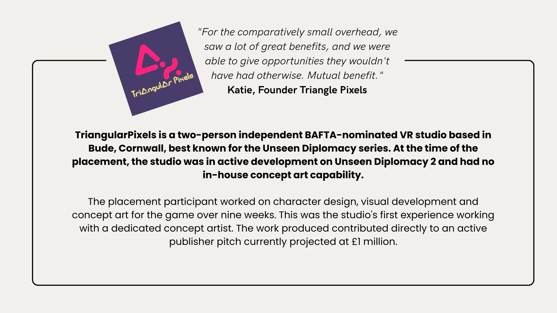 Excerpt from the report: A quote from Founder of Triangle pixels and a case study of their participant's experience