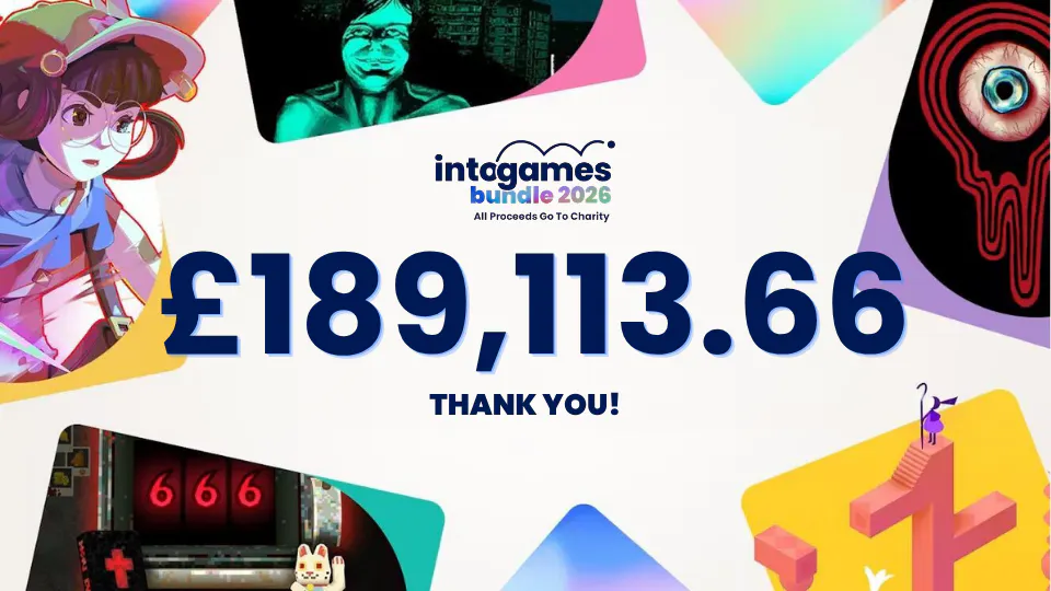 games dotted around the border, in the middle text says "into games bundle 2026, £189,113.66, Thank you!".
