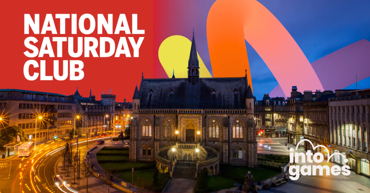 A photo of the Victorian gothic McManus Art Gallery and Museum in Dundee at night, in the sky a purple red and yellow swirl and the "National Saturday Club Logo". In the bottom right, the Into Games Logo