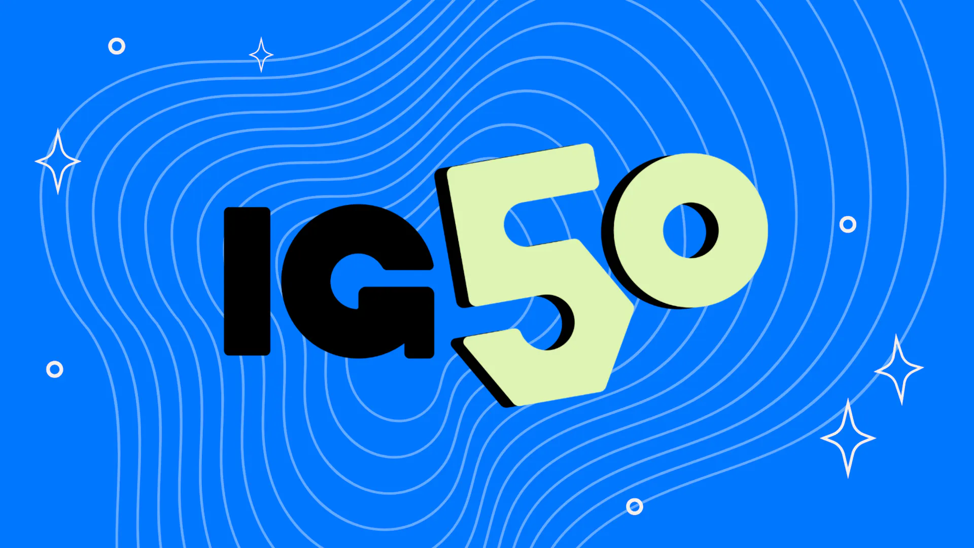 A bright blue backdrop with white swirls, and the 'IG50' logo in the front.