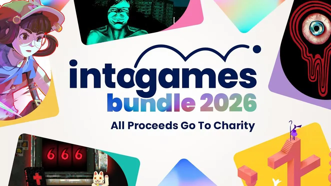 The Into Games logo in the middle on a white background, and the following text: bundle 2026 - all proceeds go to charity. Squares of images from games in the Into Games bundle surround the image border.